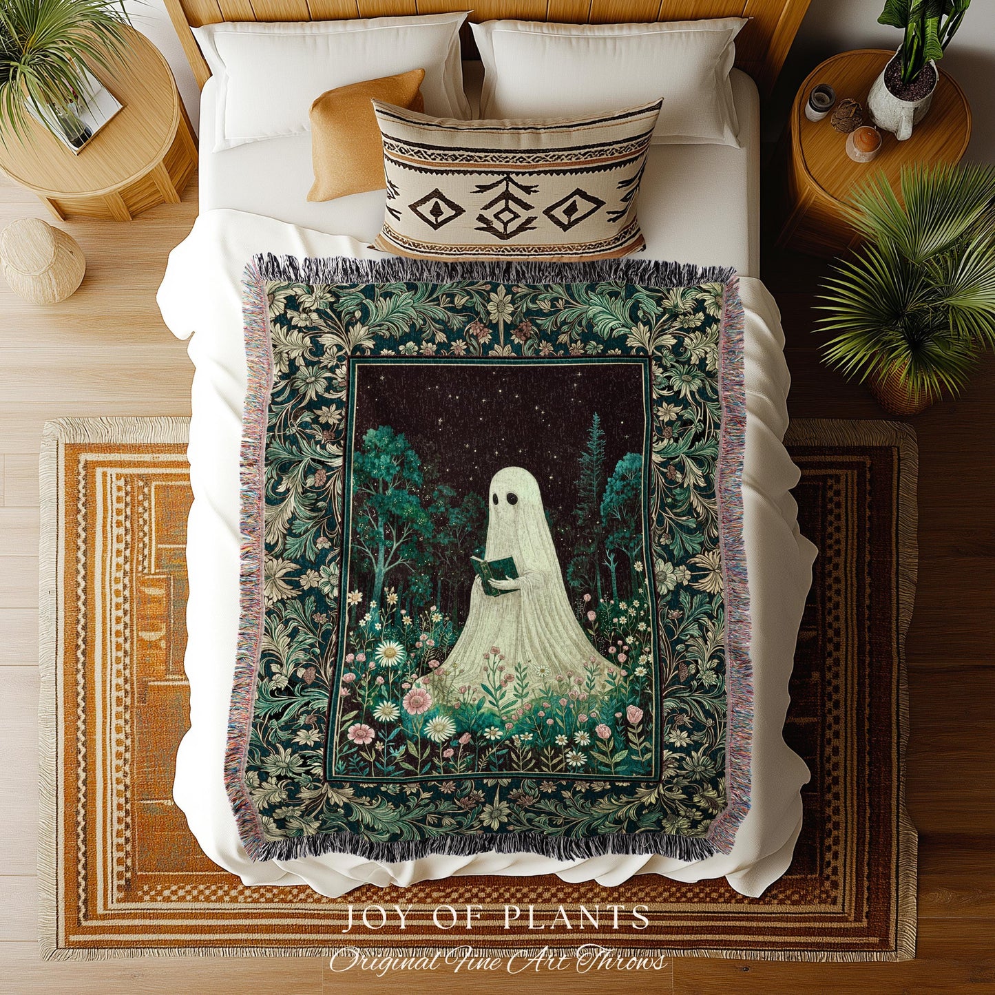 Haunted Book Ghost Wall Tapestry | Gothic Woven Spooky Cute Decor Halloween Aesthetic Cozy Reading Nook Forest Spirit Botanical Ethereal |