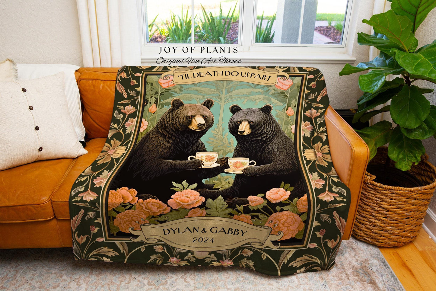 Dark Floral Couples Anniversary Blanket | Woodland Wedding Anniversary Personalized Bear Couple Woven Throw Cute Blanket Gift for Valentine