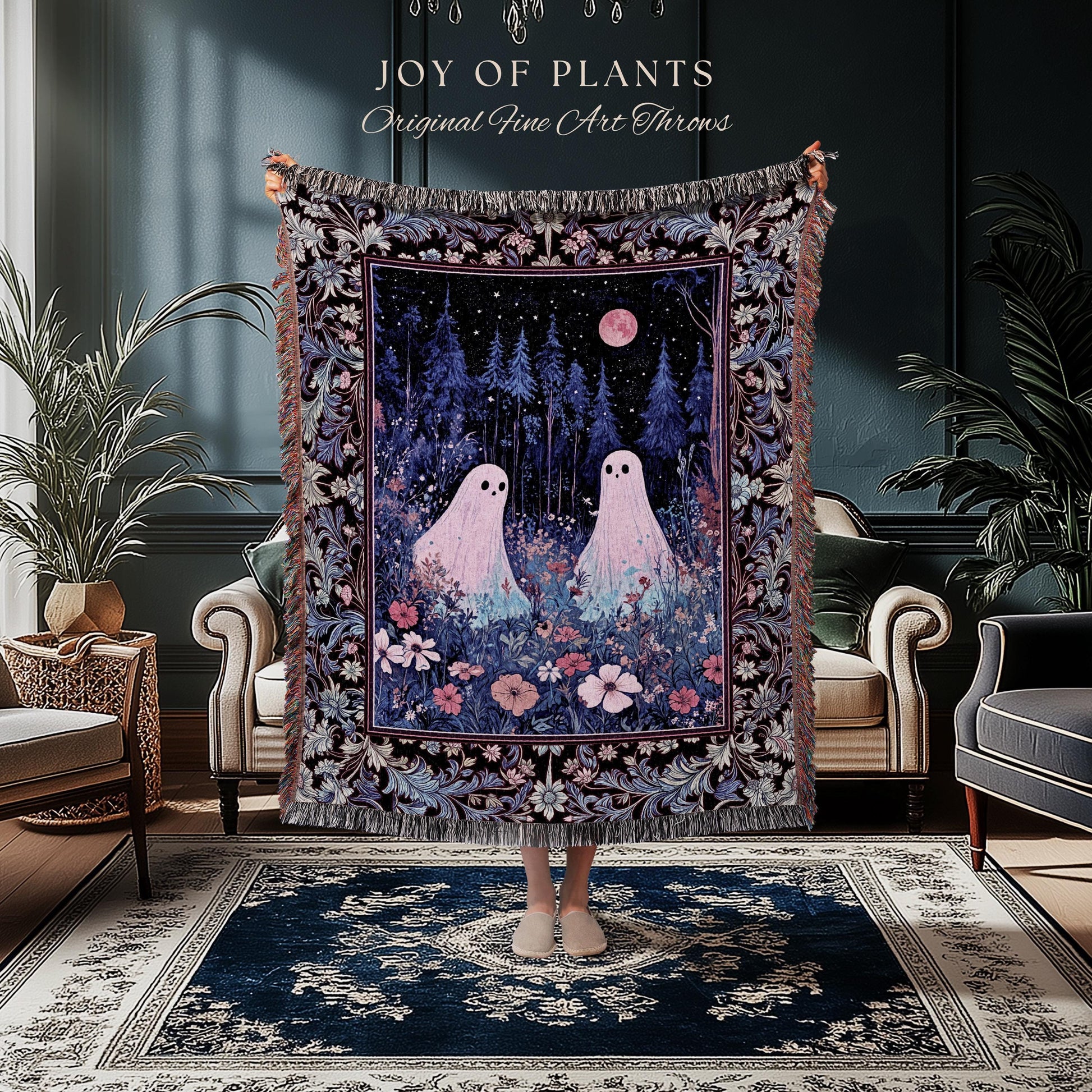 Violet Night Ethereal Ghost Throw Blanket | Moonlit Floral Halloween Throw Gothic Pastel Ghost Tapestry Whimsigoth Cottagecore Cozy Fall |
