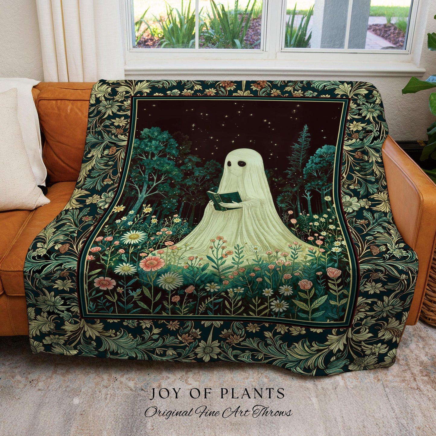 Haunted Book Ghost Wall Tapestry | Gothic Woven Spooky Cute Decor Halloween Aesthetic Cozy Reading Nook Forest Spirit Botanical Ethereal |