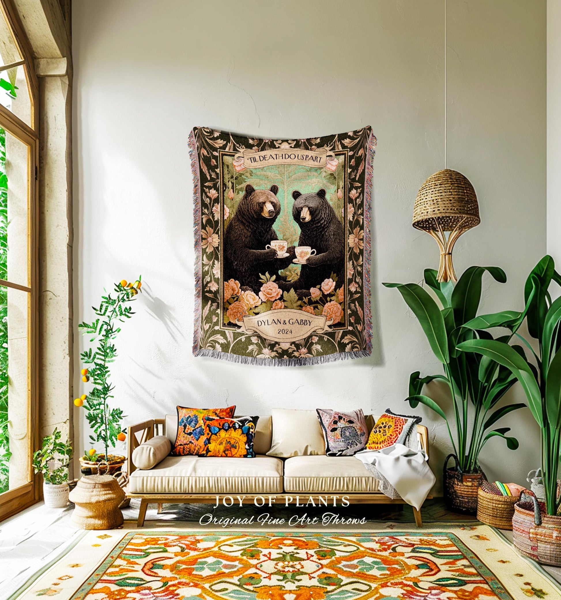 Dark Floral Couples Anniversary Blanket | Woodland Wedding Anniversary Personalized Bear Couple Woven Throw Cute Blanket Gift for Valentine