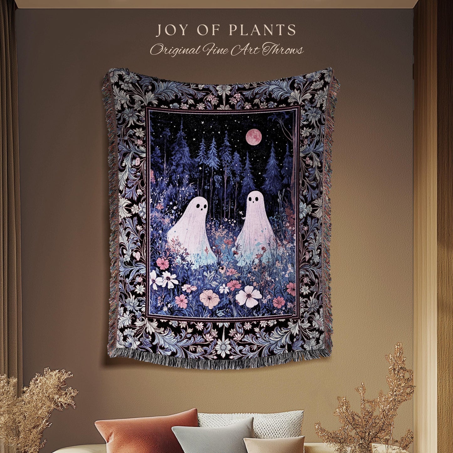 Violet Night Ethereal Ghost Throw Blanket | Moonlit Floral Halloween Throw Gothic Pastel Ghost Tapestry Whimsigoth Cottagecore Cozy Fall |