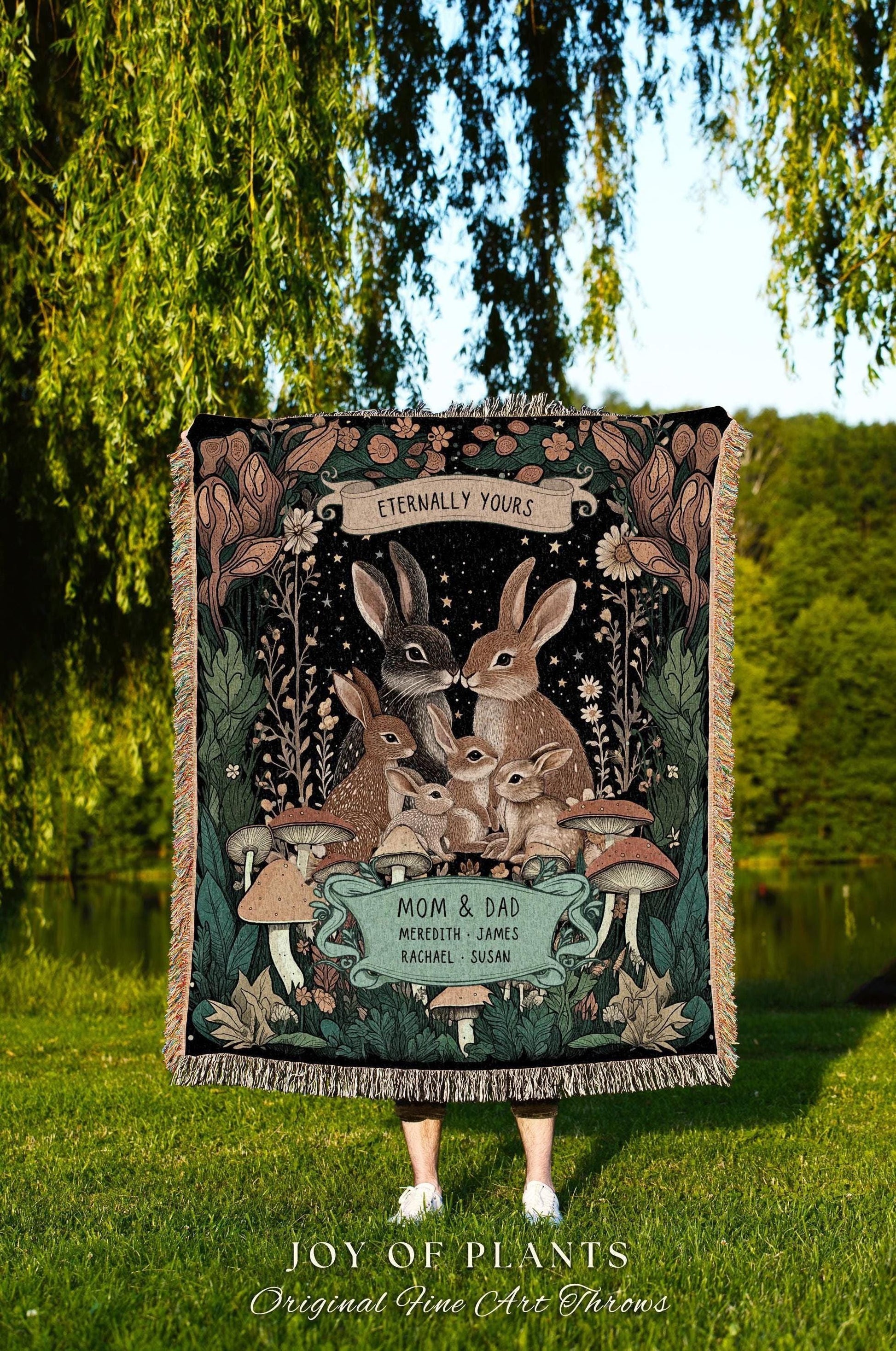 Boho Woodland Custom Rabbit Family Throw | Cottagecore Decor Personalized Names Gift Thoughtful Keepsake From Children Whimsical Tapestry