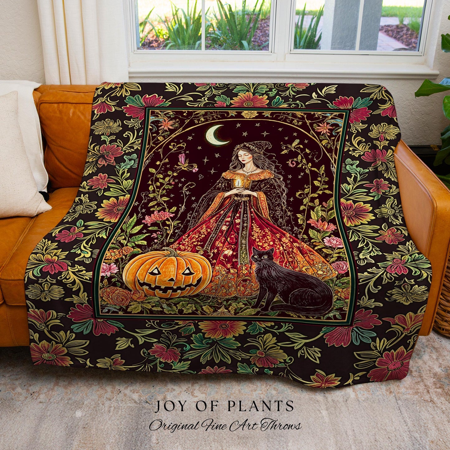 Classic Halloween Aesthetic Witch Blanket | Cozy Black Cat Whimsical Decor Celestial Magic Fall Woven Wall Tapestry Enchanted Jack-O-Lantern
