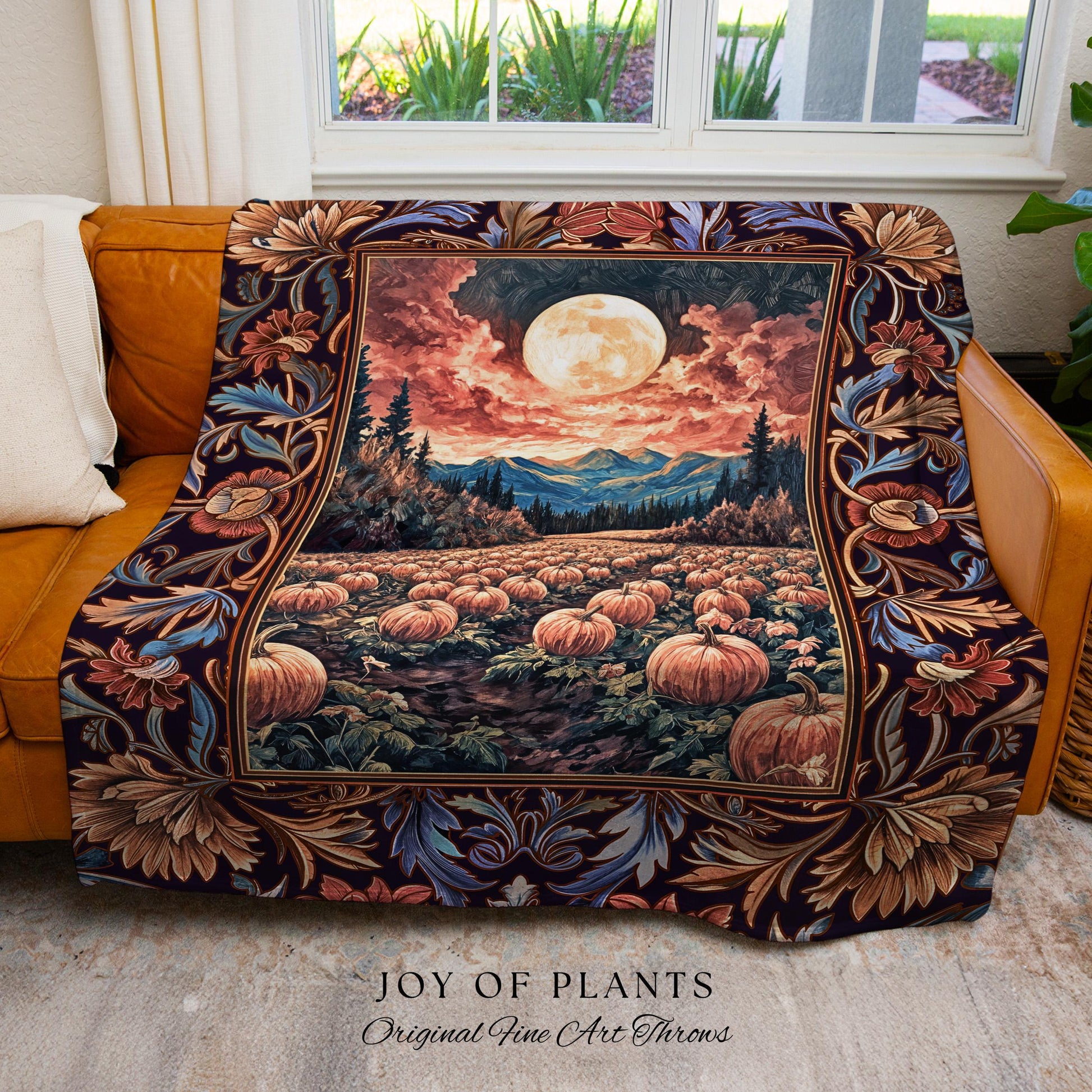 Lunar Night Sky Fall Pumpkin Blanket | Autumn Aesthetic Rustic Woven Tapestry Dark Academia Decor Cute Spooky Halloween Vibes Eclectic Style