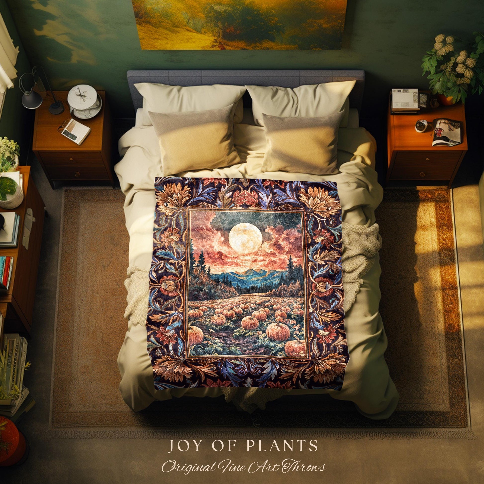 Lunar Night Sky Fall Pumpkin Blanket | Autumn Aesthetic Rustic Woven Tapestry Dark Academia Decor Cute Spooky Halloween Vibes Eclectic Style