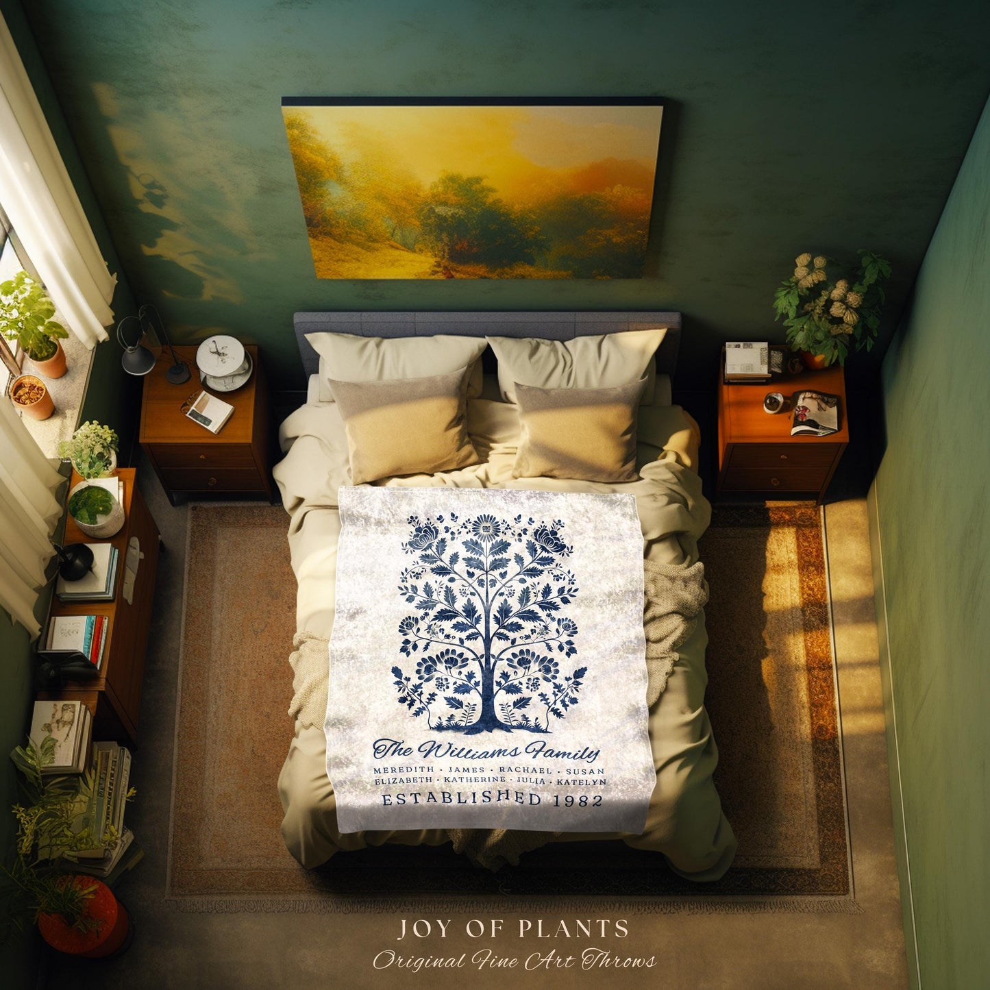 Vintage Folk Art Family Tree Blanket with Names Heritage Cottagecore Decor, Personalized Heirloom Tapestry Woven Throw Custom Nostalgic Gift