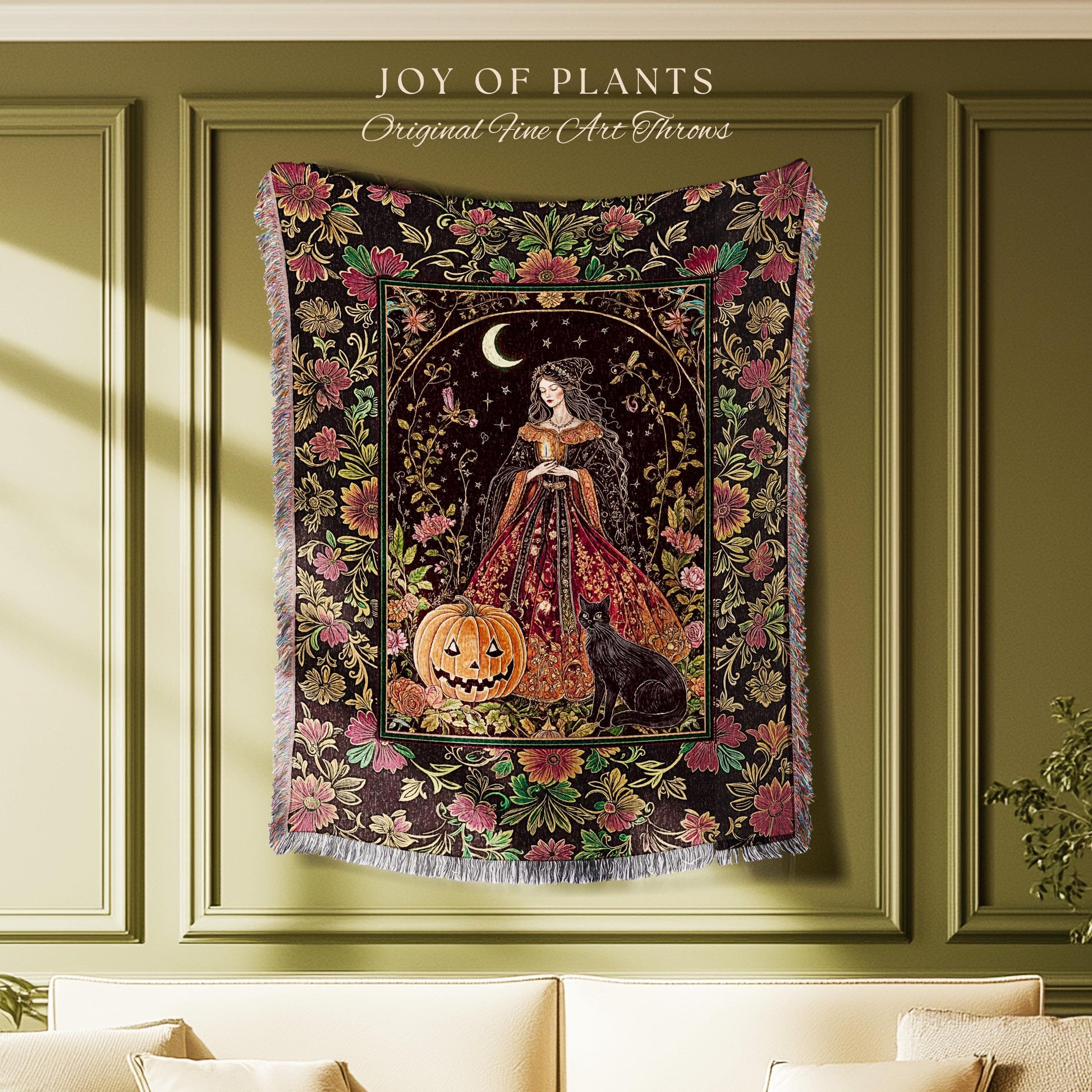 Classic Halloween Aesthetic Witch Blanket | Cozy Black Cat Whimsical Decor Celestial Magic Fall Woven Wall Tapestry Enchanted Jack-O-Lantern