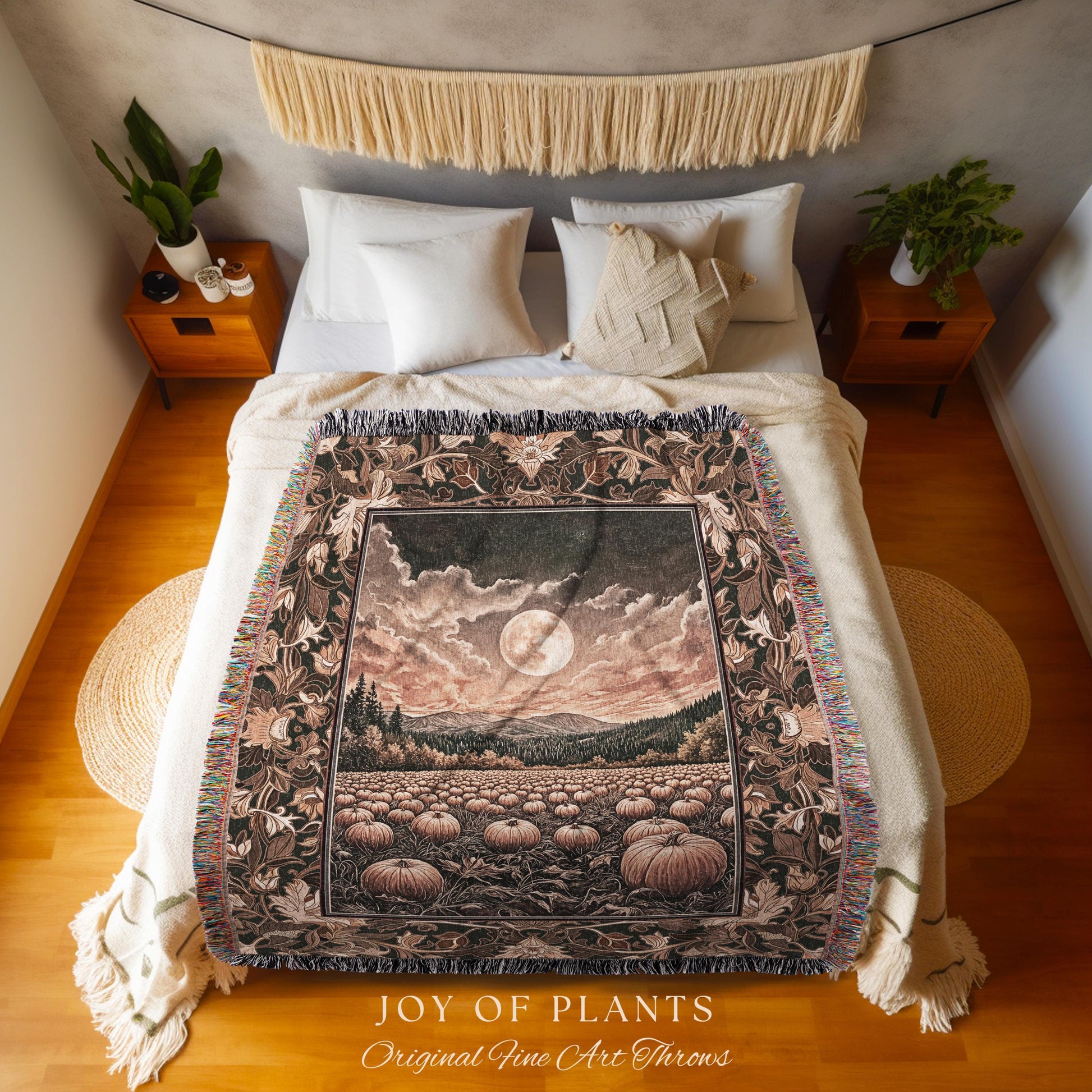 Full Moon Cozy Whimsical Throw Blanket | Earthy Autumn Decor Dark Academia Vibe Gothiccore Aesthetic Fall Accent Tapestry Rustic Halloween |