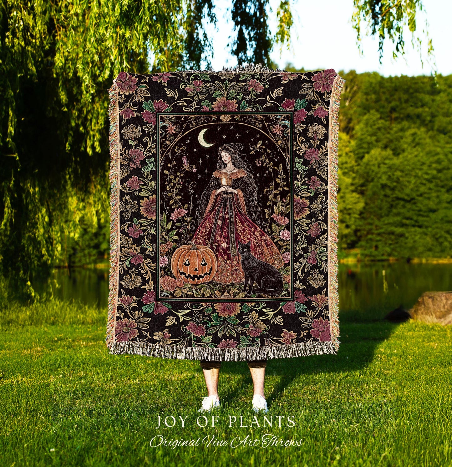 Classic Halloween Aesthetic Witch Blanket | Cozy Black Cat Whimsical Decor Celestial Magic Fall Woven Wall Tapestry Enchanted Jack-O-Lantern