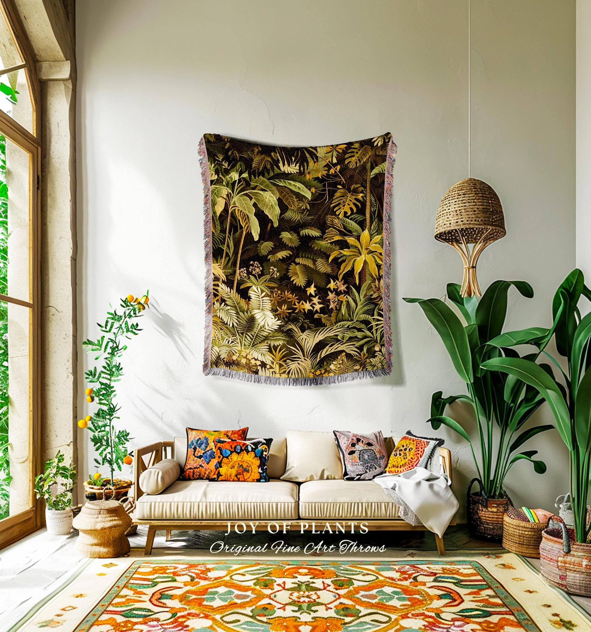 Moody Botanical Jungle Leaves Coverlet | Eclectic Green Maximalist Woven Blanket Whimsigoth Vintage Botanical Nature Living Room Forest |