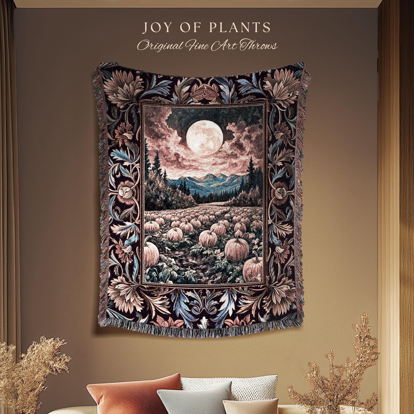 Lunar Night Sky Fall Pumpkin Blanket | Autumn Aesthetic Rustic Woven Tapestry Dark Academia Decor Cute Spooky Halloween Vibes Eclectic Style