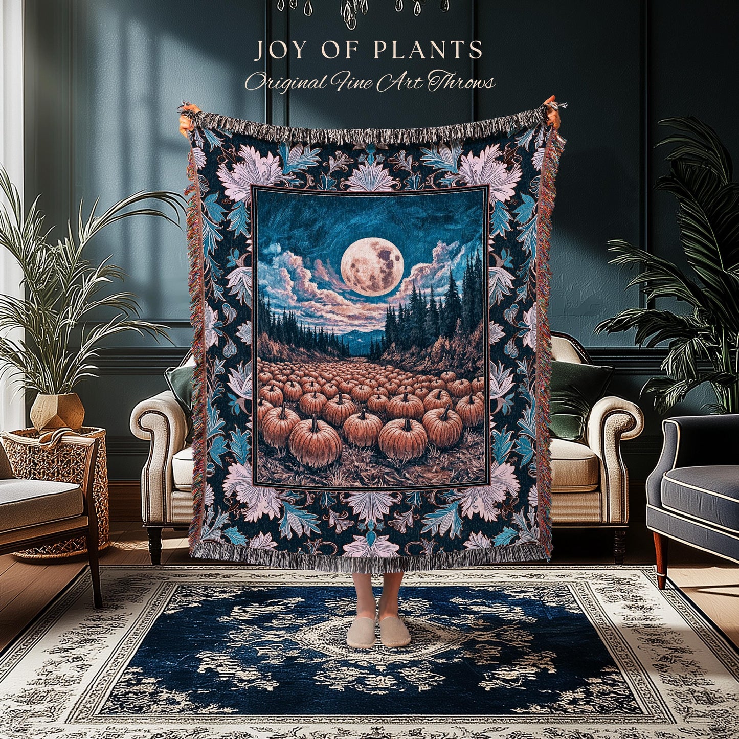 Soft Autumn Aesthetic Pumpkin Tapestry | Pastel Rustic Fall Woven Blanket Decor Whimsigoth Full Moon Spooky Season Halloween Throw Accent |