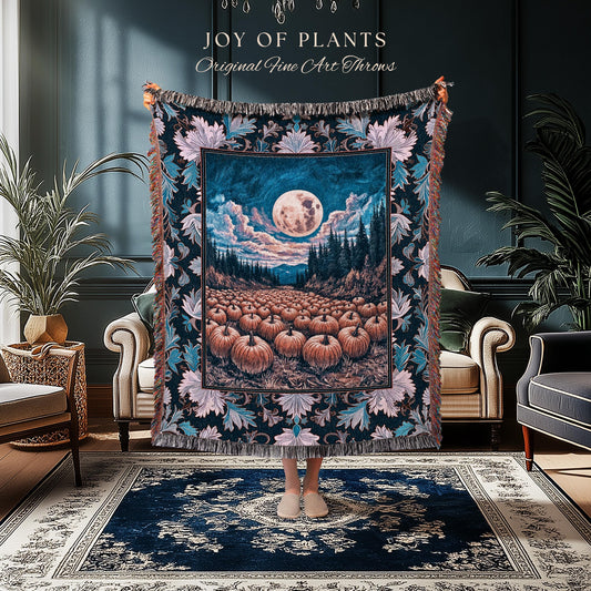 Soft Autumn Aesthetic Pumpkin Tapestry | Pastel Rustic Fall Woven Blanket Decor Whimsigoth Full Moon Spooky Season Halloween Throw Accent |