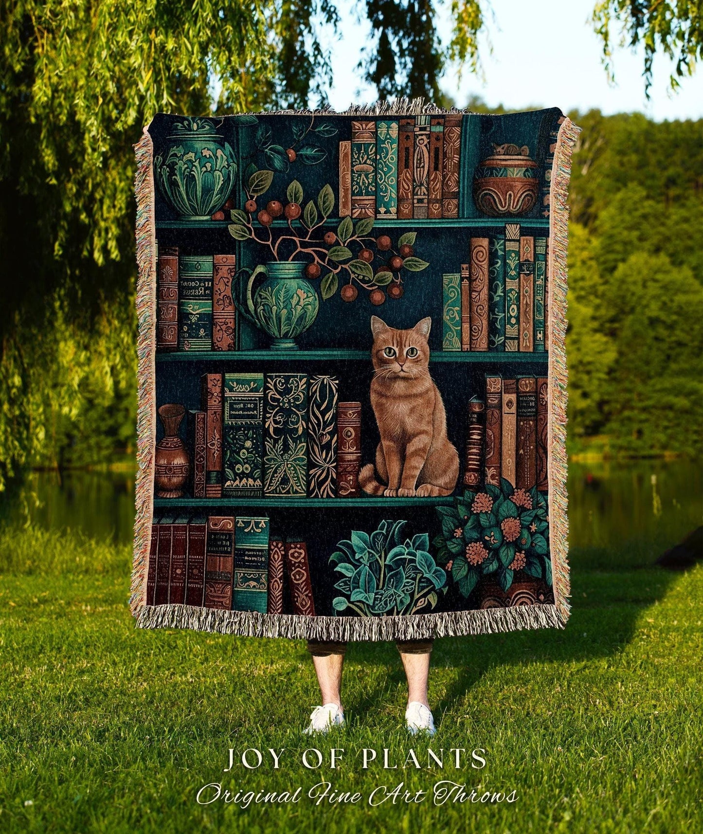 Enchanted Library Cat Bookshelf Blanket | Moody Botanical Bedroom Victorian Gothic Woodland Fantasy Reading Corner Dark Academia Tapestry |