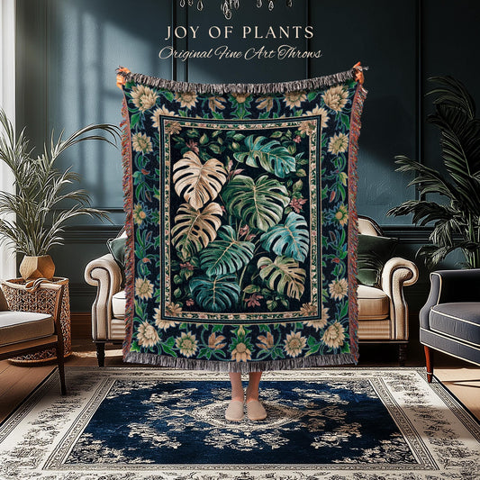 Elegant Jungle Leaves Blanket Woven | Dreamy Cottagecore Maximalist Tapestry for Houseplant Lover Cute Forestcore Woodland Jungle Vibes |