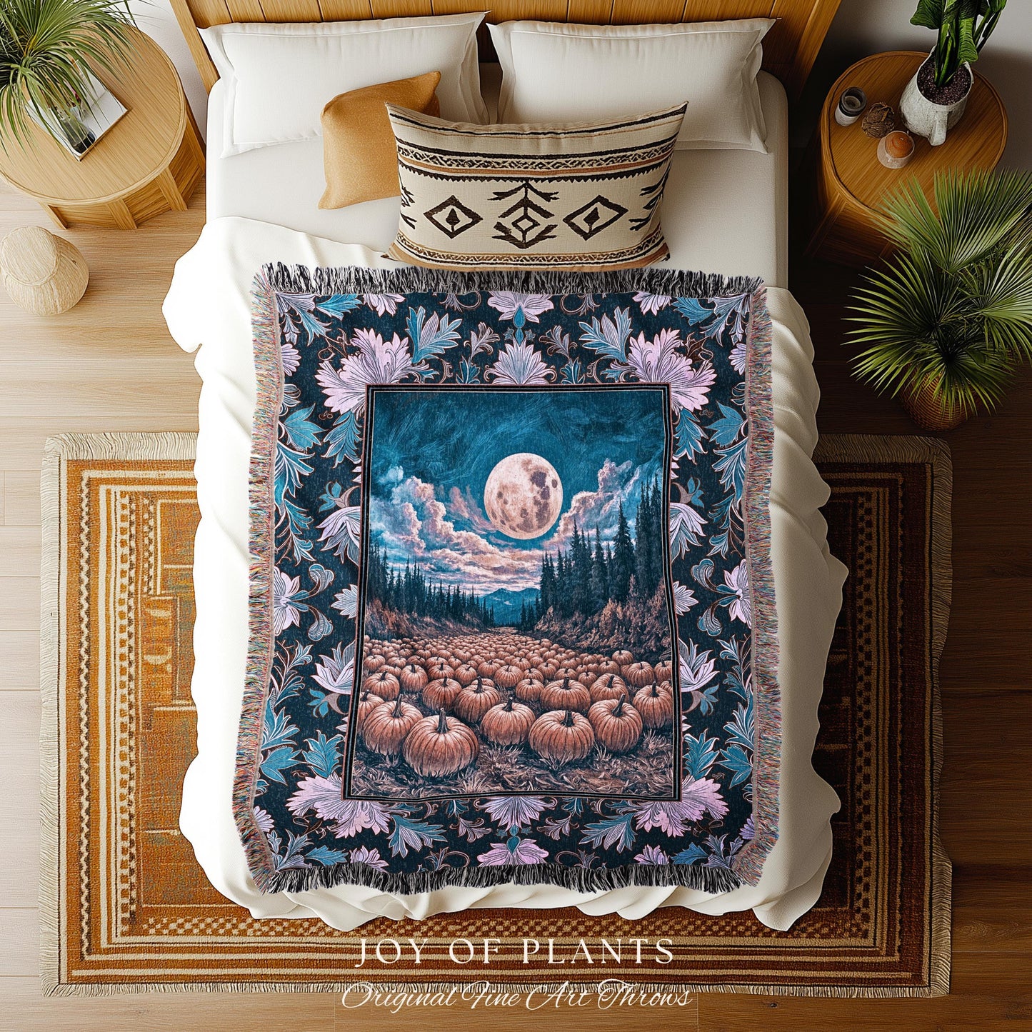 Soft Autumn Aesthetic Pumpkin Tapestry | Pastel Rustic Fall Woven Blanket Decor Whimsigoth Full Moon Spooky Season Halloween Throw Accent |