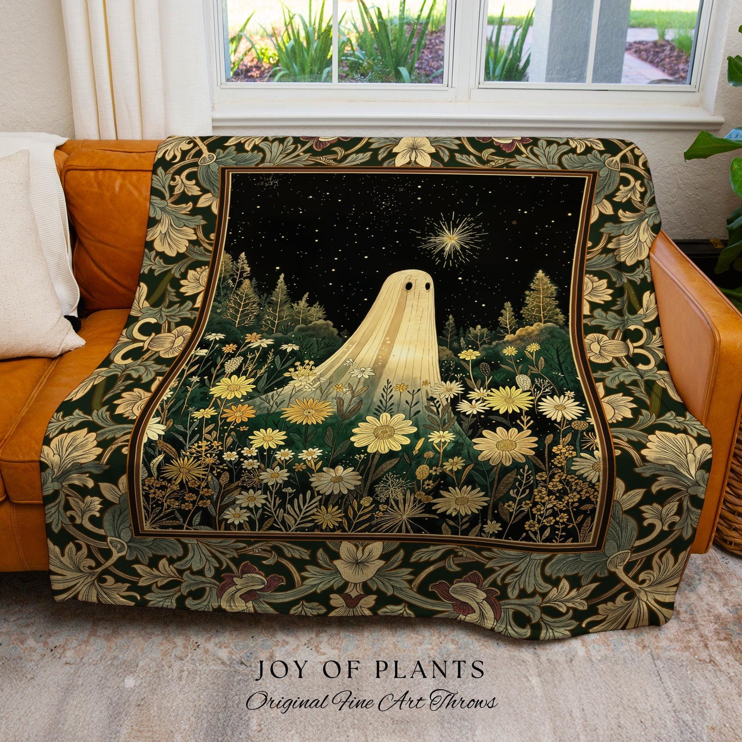 Starlight Whimsical Ghost Blanket | Retro Halloween Tapestry Fall Decorating Indoor Dark Academia Floral Decor Botanical Witchy Cozy Cute |