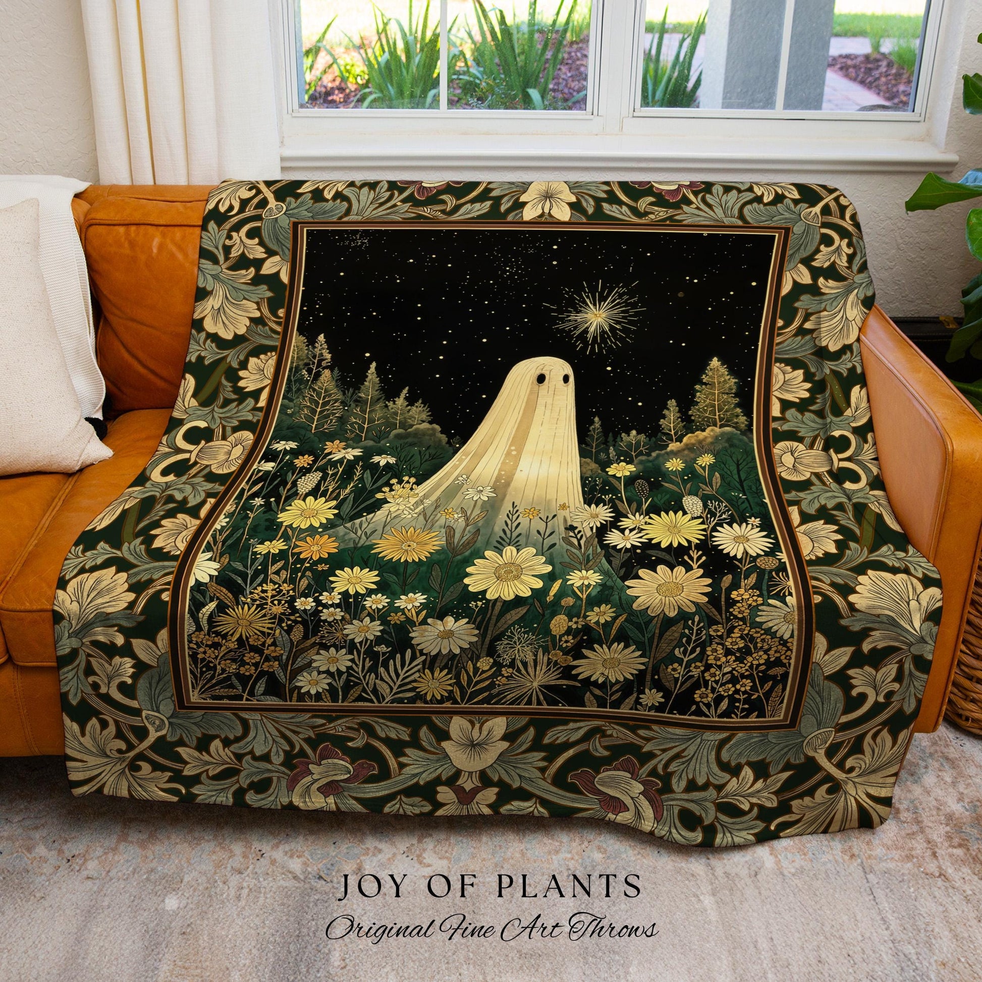 Starlight Whimsical Ghost Blanket | Retro Halloween Tapestry Fall Decorating Indoor Dark Academia Floral Decor Botanical Witchy Cozy Cute |