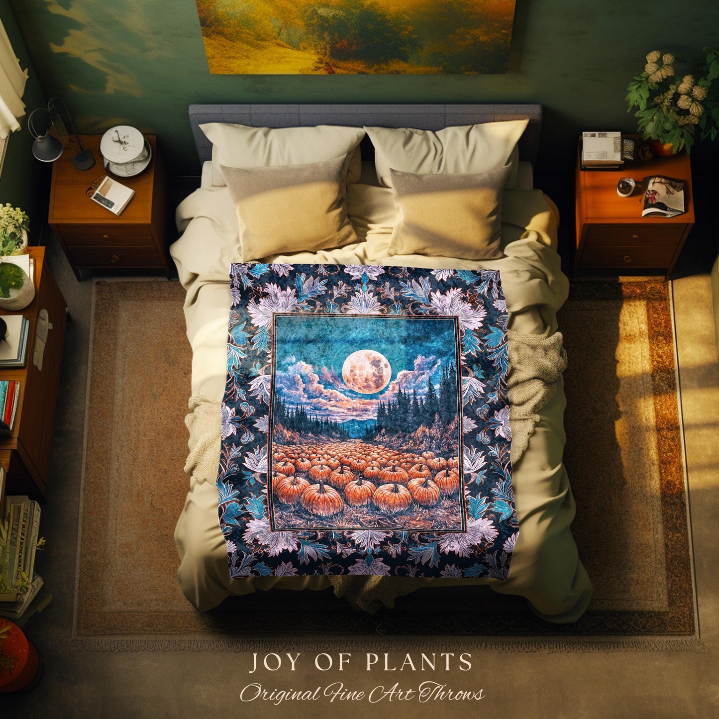 Soft Autumn Aesthetic Pumpkin Tapestry | Pastel Rustic Fall Woven Blanket Decor Whimsigoth Full Moon Spooky Season Halloween Throw Accent |