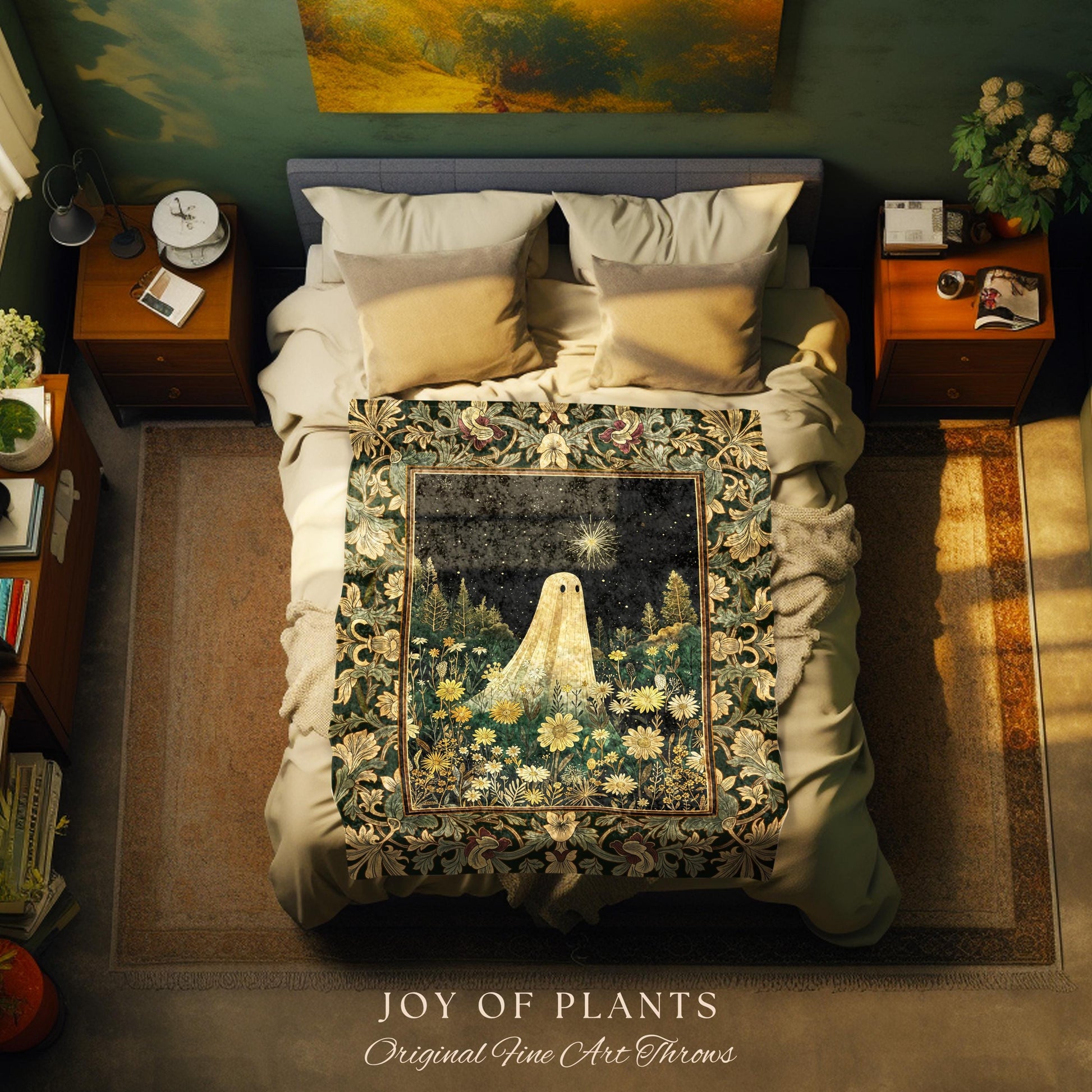 Starlight Whimsical Ghost Blanket | Retro Halloween Tapestry Fall Decorating Indoor Dark Academia Floral Decor Botanical Witchy Cozy Cute |