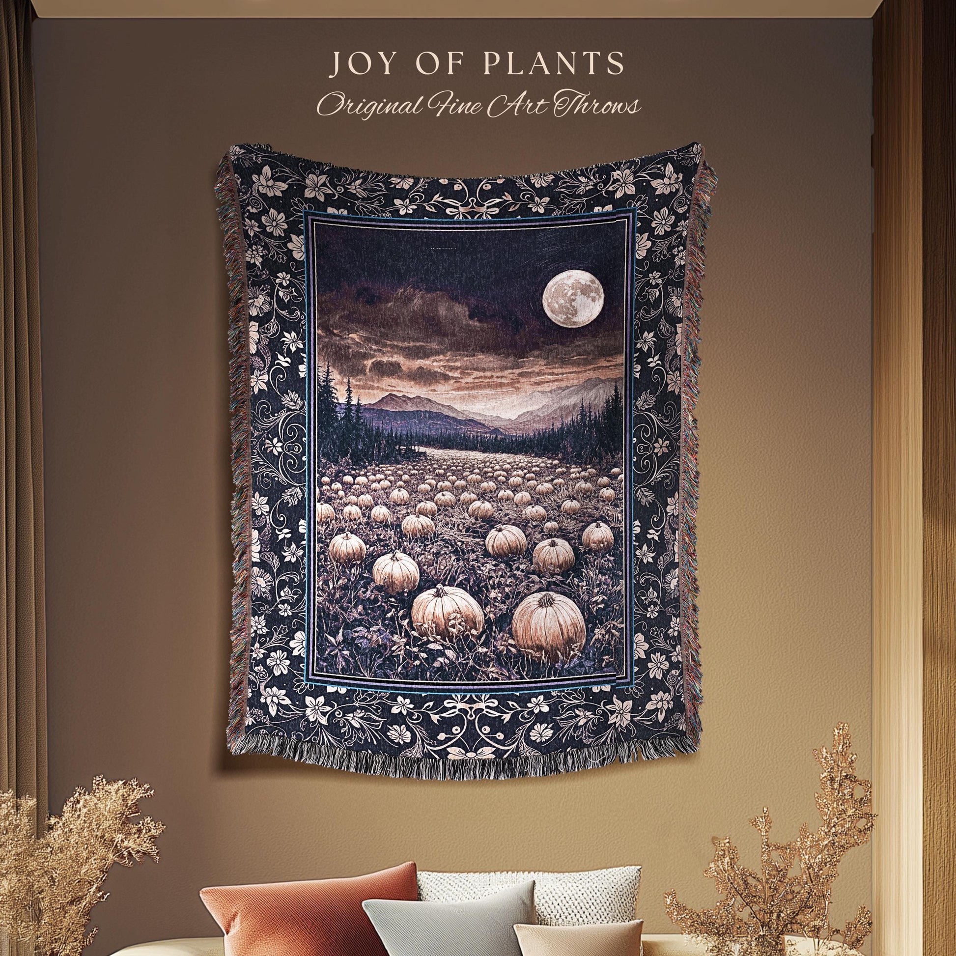 Midnight Purple Moonlit Autumn Blanket | Cozy Pumpkin Tapestry Rustic Halloween Aesthetic Whimsigoth Dark Academia Fall Vibes Witchy Accent