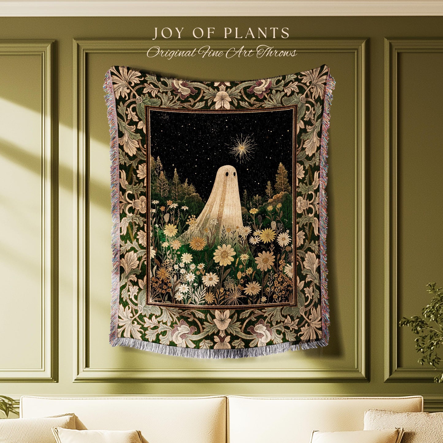 Starlight Whimsical Ghost Blanket | Retro Halloween Tapestry Fall Decorating Indoor Dark Academia Floral Decor Botanical Witchy Cozy Cute |