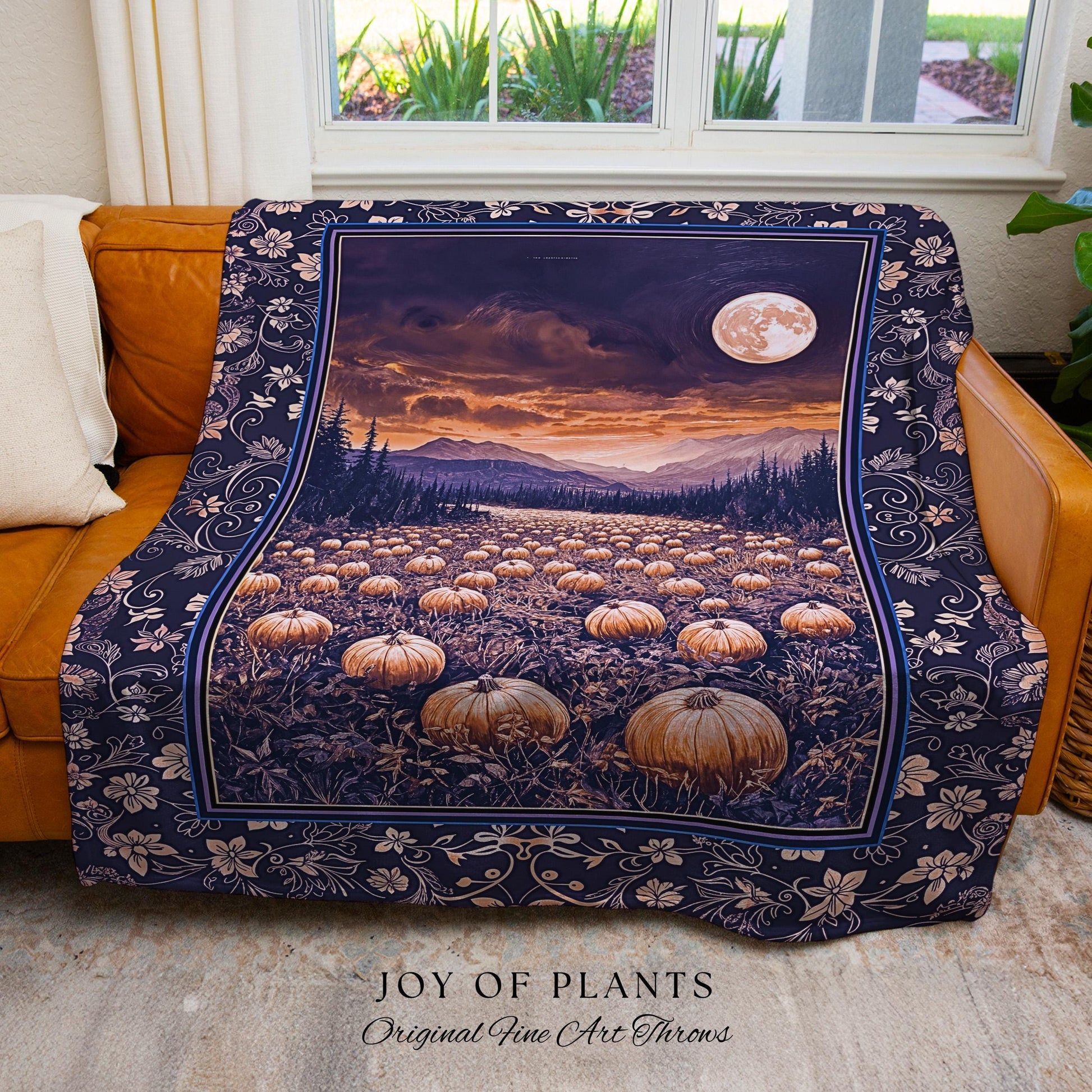 Midnight Purple Moonlit Autumn Blanket | Cozy Pumpkin Tapestry Rustic Halloween Aesthetic Whimsigoth Dark Academia Fall Vibes Witchy Accent