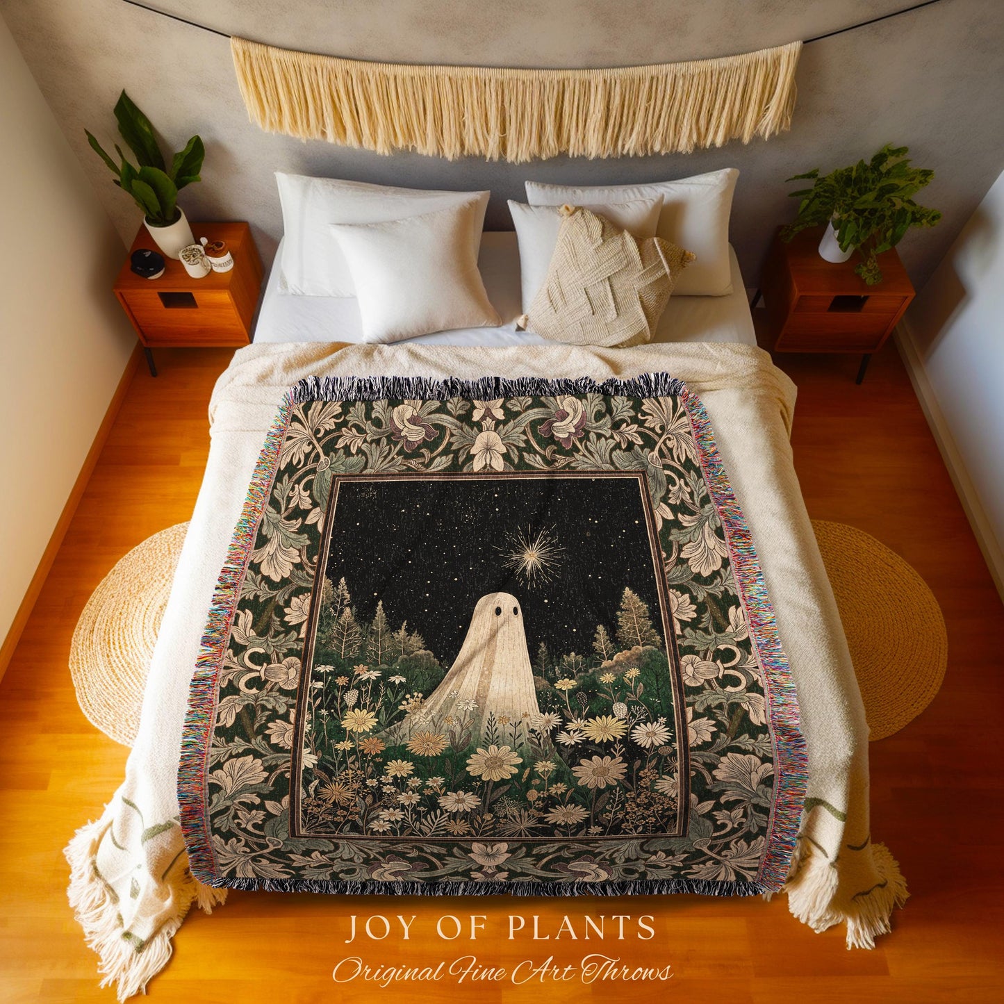 Starlight Whimsical Ghost Blanket | Retro Halloween Tapestry Fall Decorating Indoor Dark Academia Floral Decor Botanical Witchy Cozy Cute |