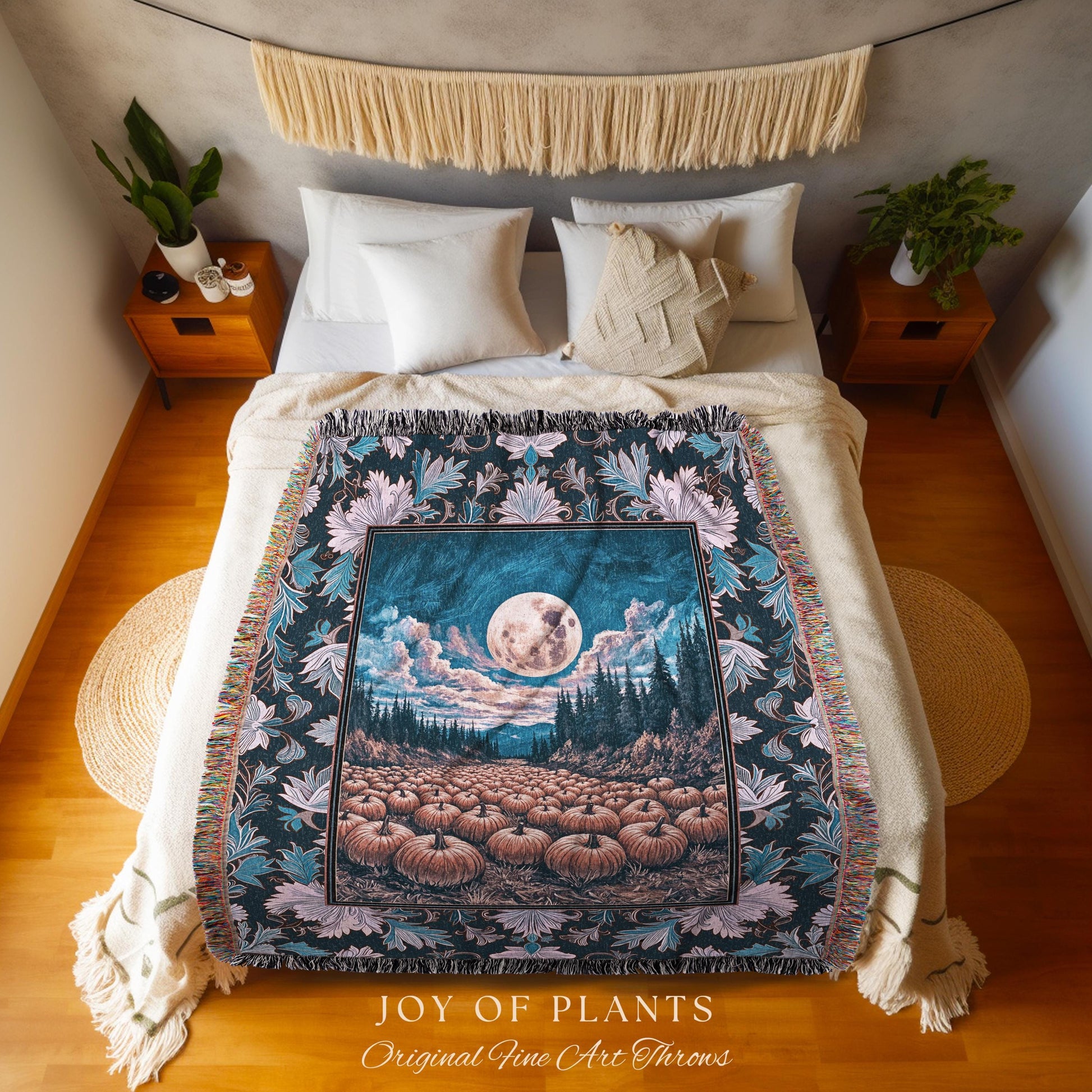 Soft Autumn Aesthetic Pumpkin Tapestry | Pastel Rustic Fall Woven Blanket Decor Whimsigoth Full Moon Spooky Season Halloween Throw Accent |