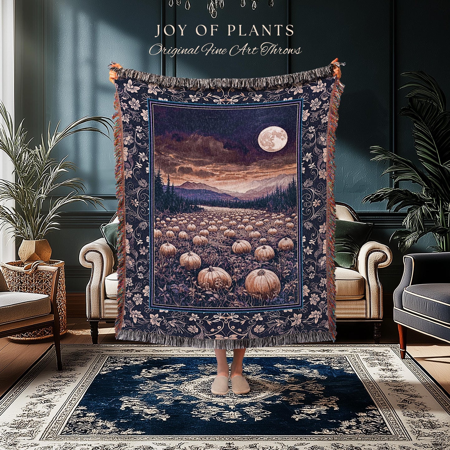 Midnight Purple Moonlit Autumn Blanket | Cozy Pumpkin Tapestry Rustic Halloween Aesthetic Whimsigoth Dark Academia Fall Vibes Witchy Accent