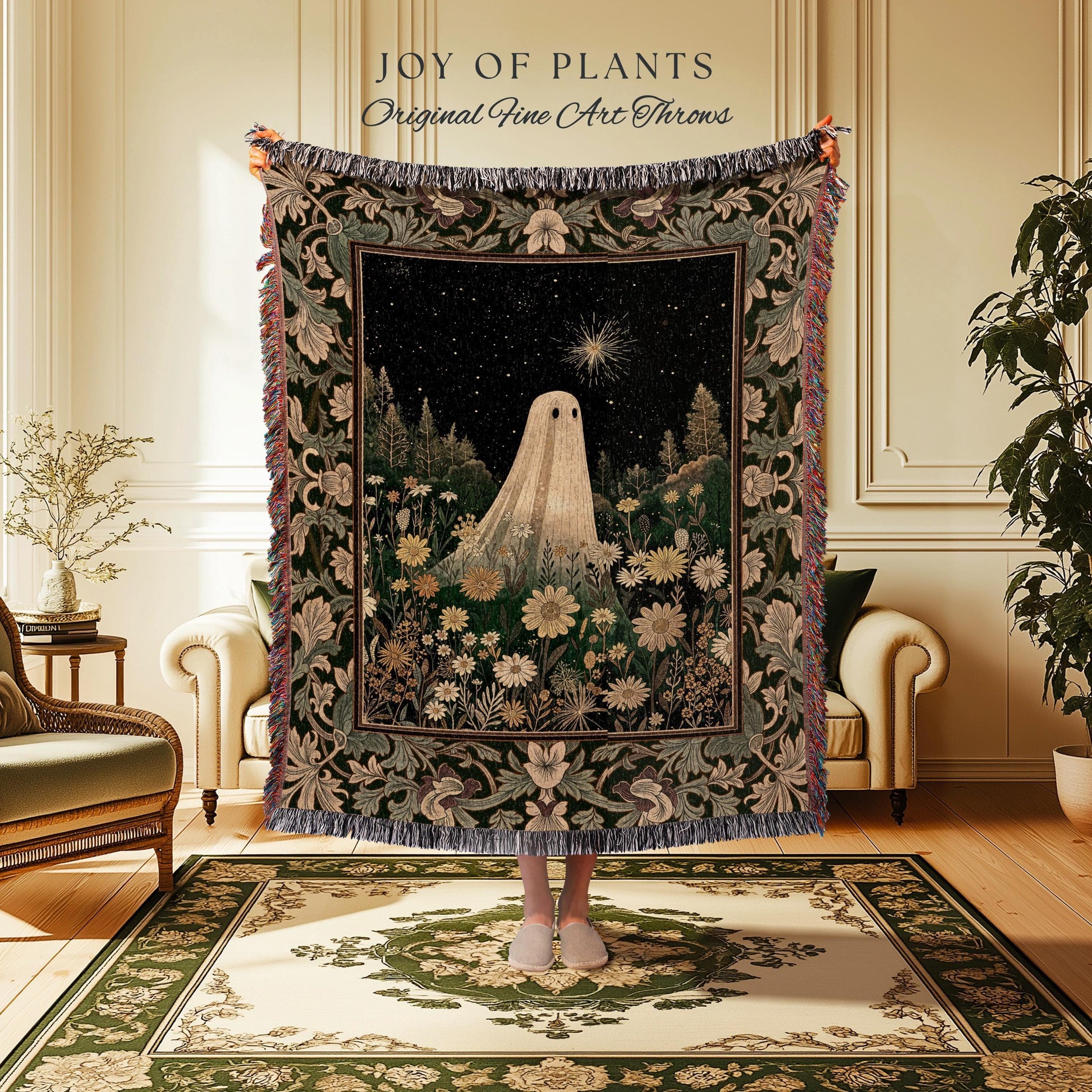 Starlight Whimsical Ghost Blanket | Retro Halloween Tapestry Fall Decorating Indoor Dark Academia Floral Decor Botanical Witchy Cozy Cute |