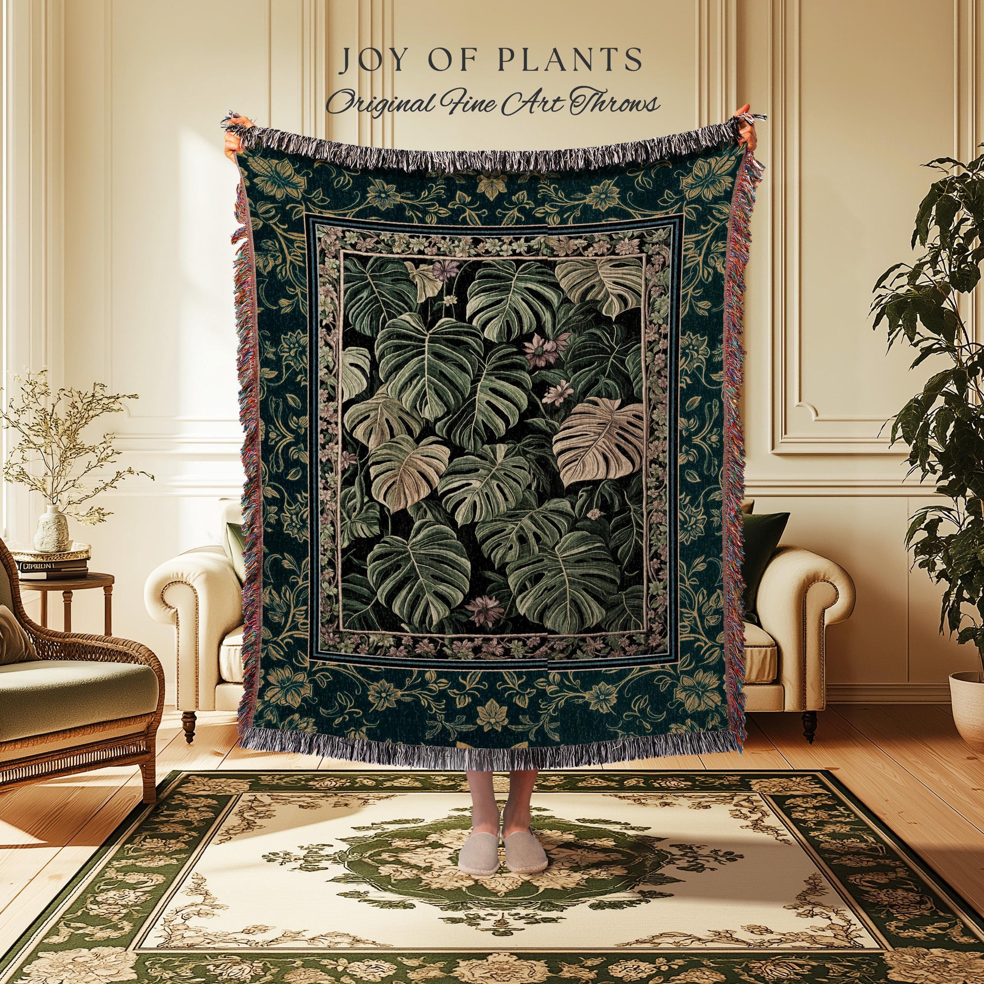 Monstera Tapestry Blanket Unique | Herbology Blanket Dark Cottagecore Tropical Aesthetic Dark Floral Houseplant Botanical Woven Wall Art |