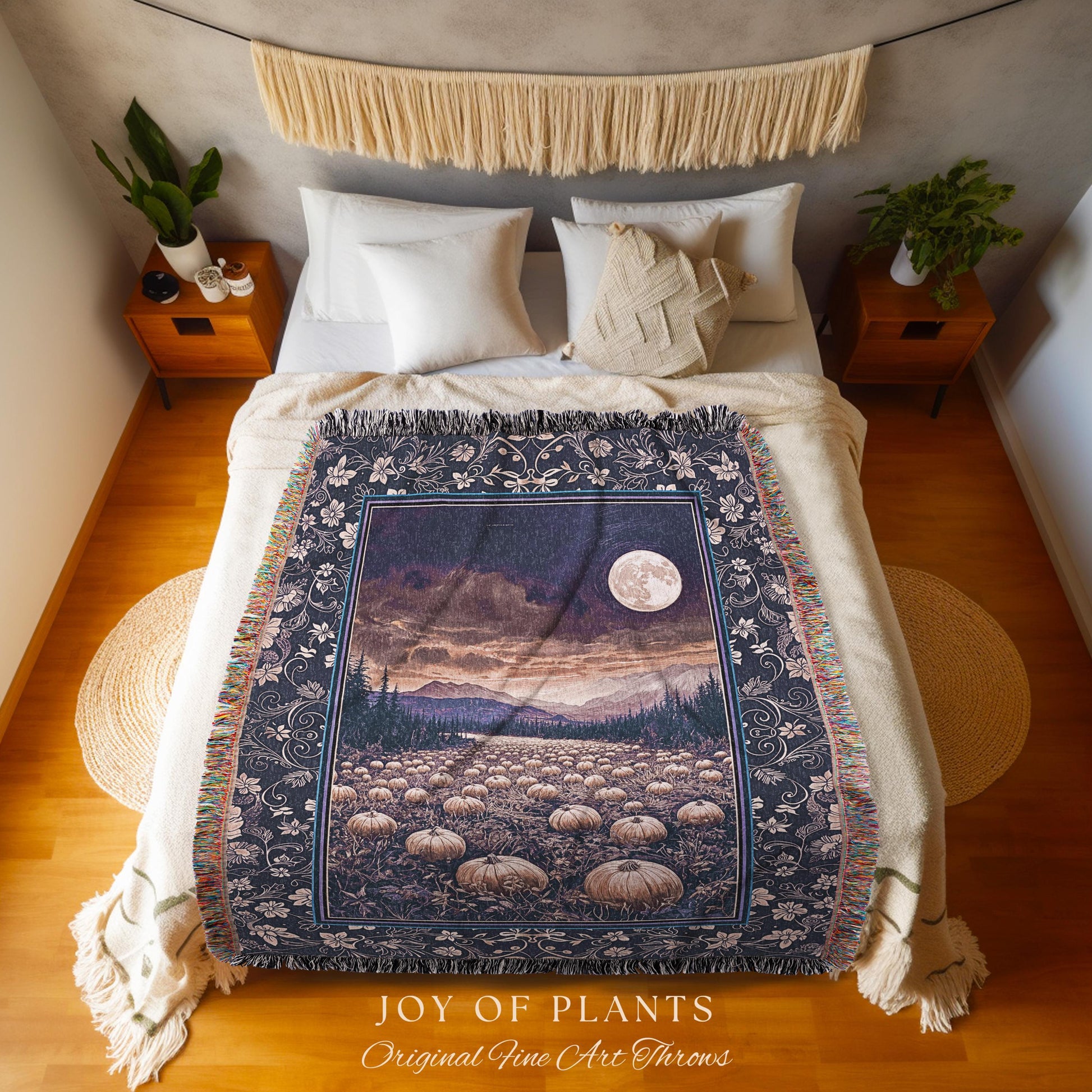 Midnight Purple Moonlit Autumn Blanket | Cozy Pumpkin Tapestry Rustic Halloween Aesthetic Whimsigoth Dark Academia Fall Vibes Witchy Accent