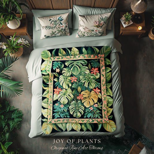 Tropical Whimsy Cottagecore Coverlet | Colorful Jungle Aesthetic Houseplant Lover Blanket Whimsigoth Eclectic Bedding Woven Boho Tapestry