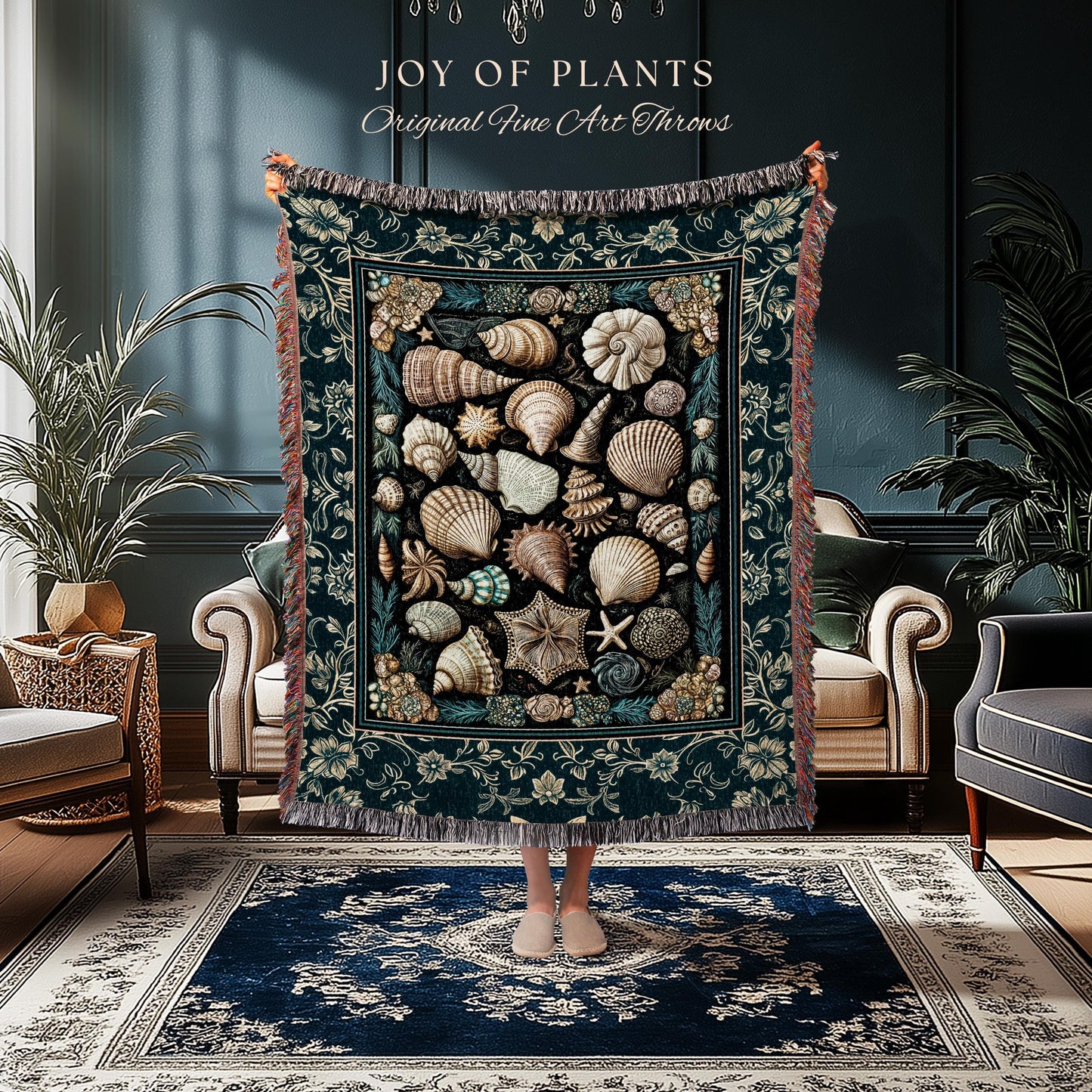 Maximalist Seashell Nautical Throw Blanket | Mermaidcore Coastal Woven Wall Tapestry Crustacean Inspired Beach House Summer Marine Bedding |