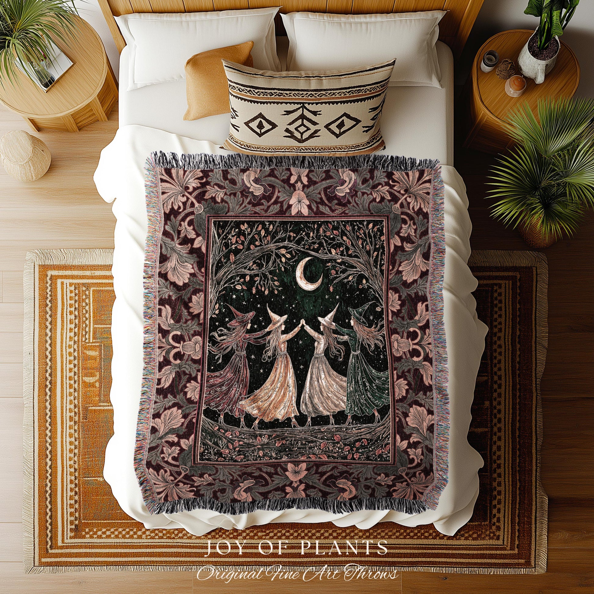 Celestial Coven Witchy Throw Blanket | Mystic Fairytale Sorceress Moonlit Romantic Victorian Woven Wall Tapestry Dark Academia Whimsical |