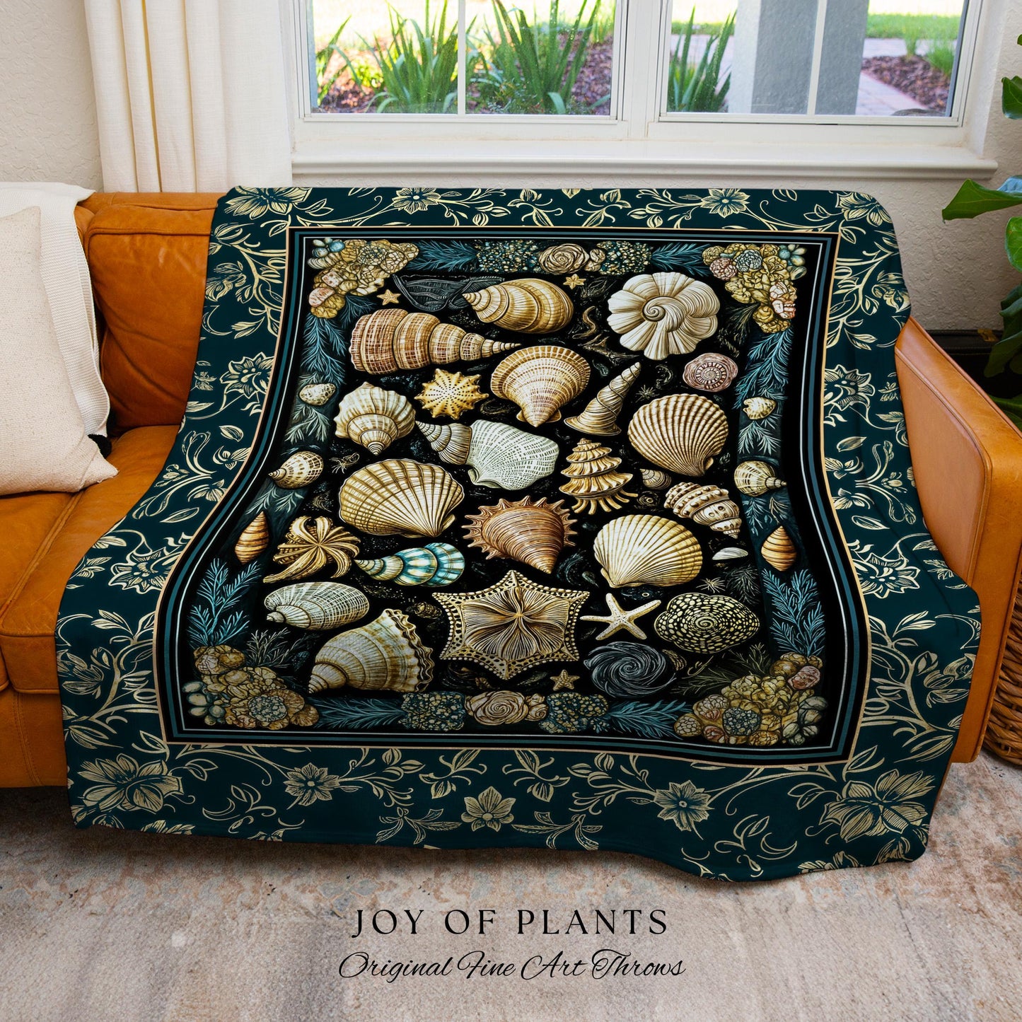 Maximalist Seashell Nautical Throw Blanket | Mermaidcore Coastal Woven Wall Tapestry Crustacean Inspired Beach House Summer Marine Bedding |