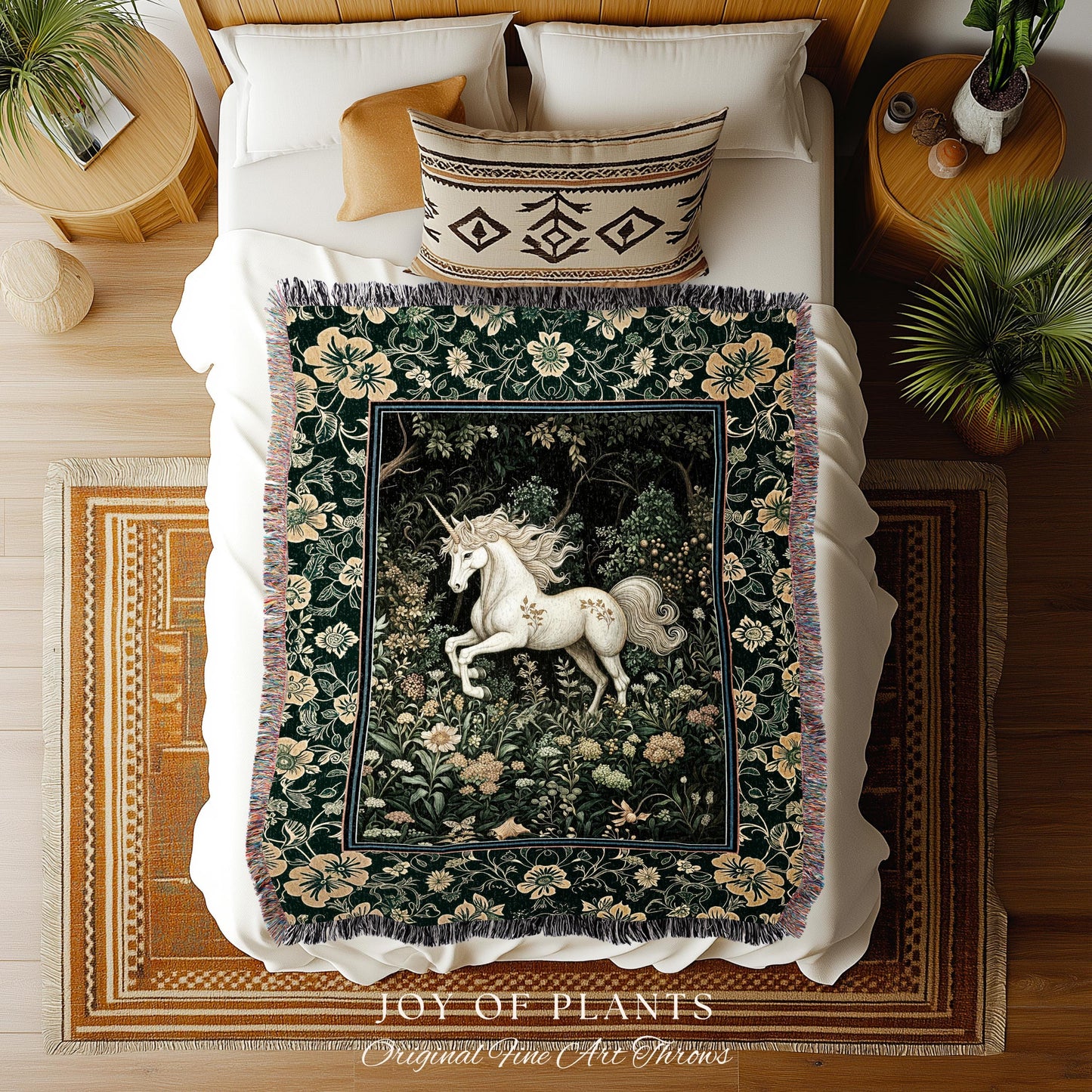 Earthy Ethereal Unicorn Throw Blanket | Whimsical Nature Fairytale Magic Medieval Woven Tapestry Woodland Aesthetic Storybook Nostalgic |