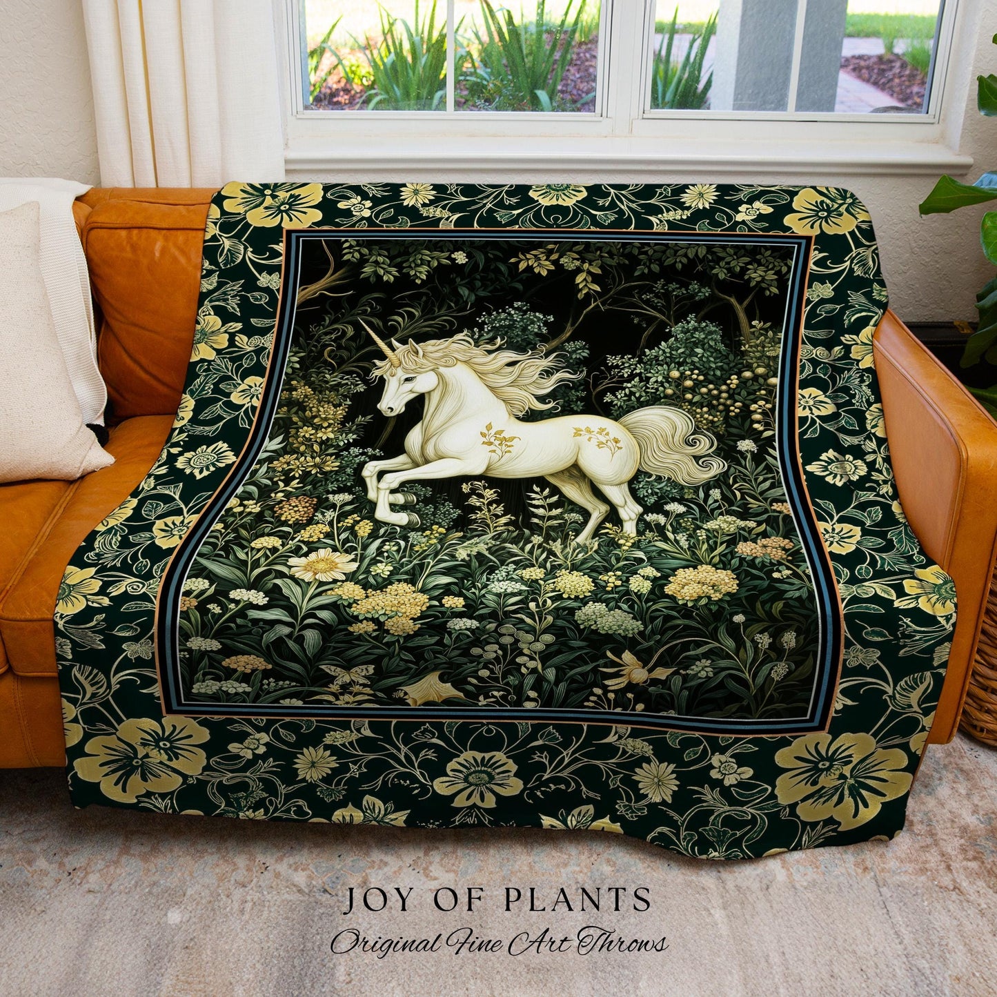 Earthy Ethereal Unicorn Throw Blanket | Whimsical Nature Fairytale Magic Medieval Woven Tapestry Woodland Aesthetic Storybook Nostalgic |