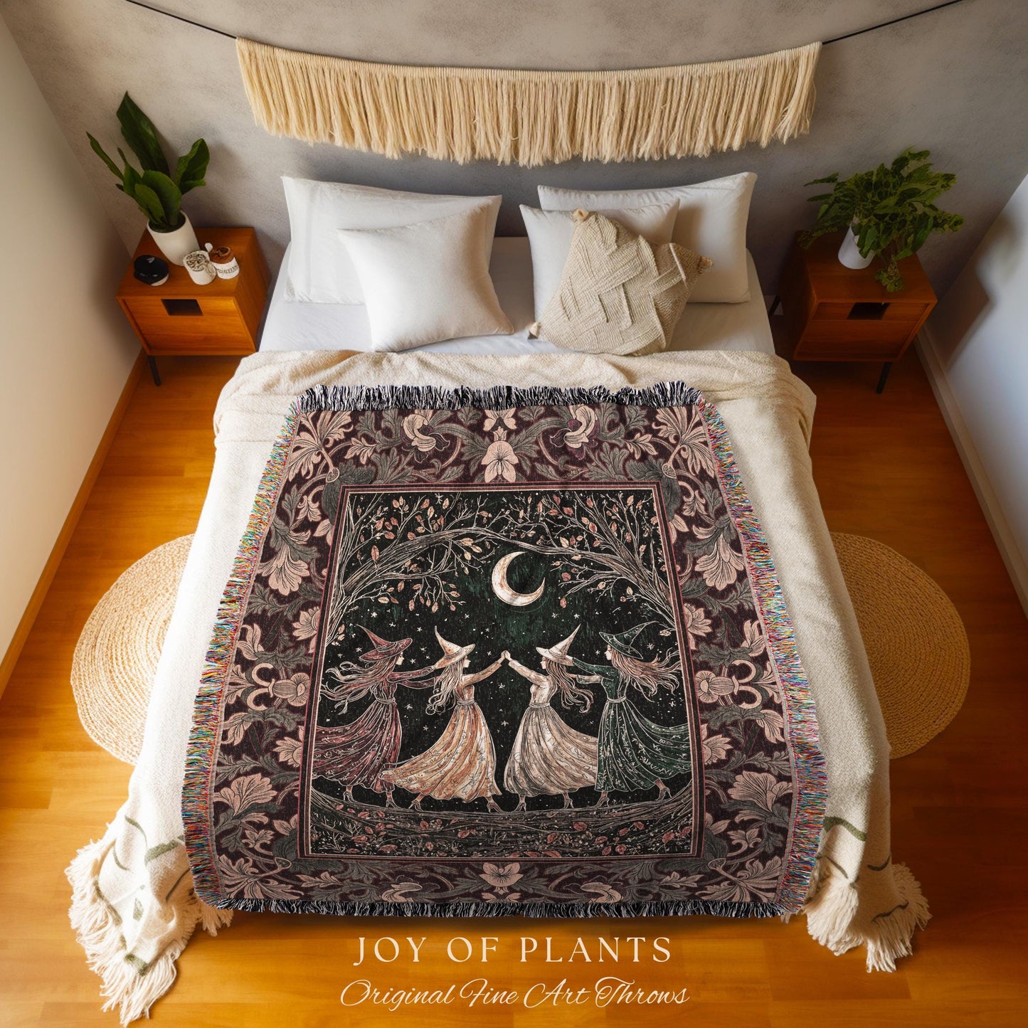 Celestial Coven Witchy Throw Blanket | Mystic Fairytale Sorceress Moonlit Romantic Victorian Woven Wall Tapestry Dark Academia Whimsical |