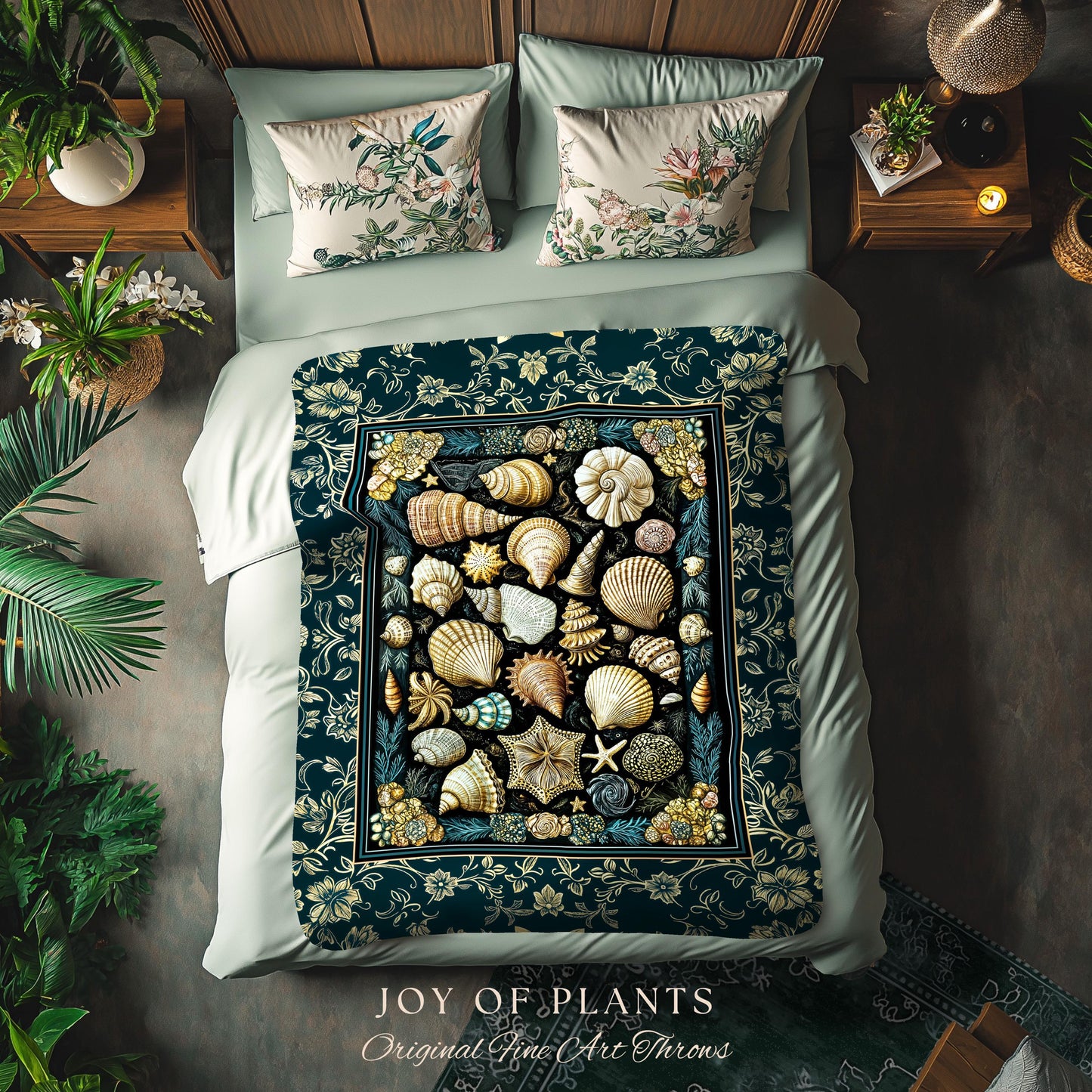 Maximalist Seashell Nautical Throw Blanket | Mermaidcore Coastal Woven Wall Tapestry Crustacean Inspired Beach House Summer Marine Bedding |