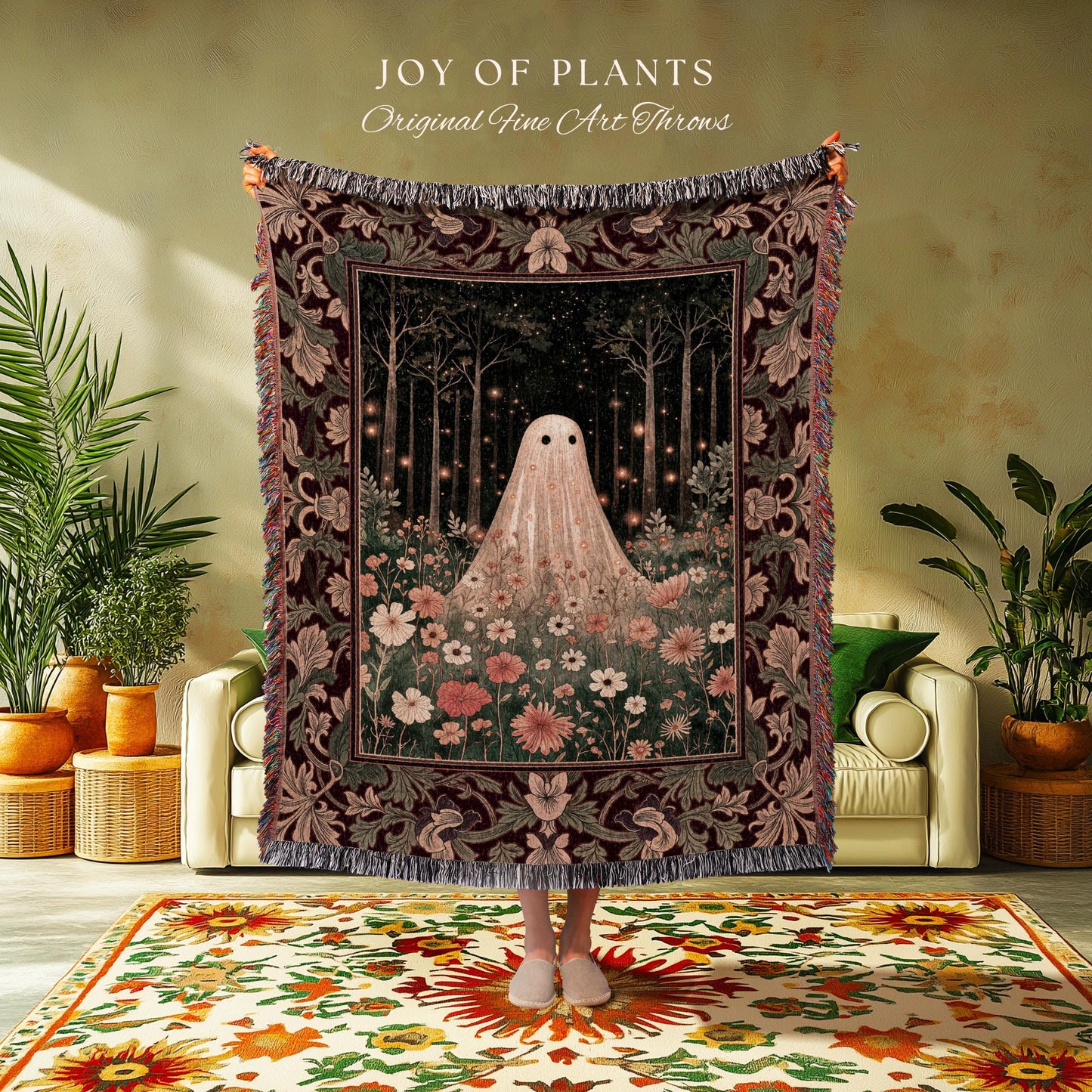 Firefly Forest Ghost Floral Tapestry | Whimsigoth Spooky Cute Cottagecore Woven Throw Blanket Decor Botanical Spirit Season Witchy Vintage