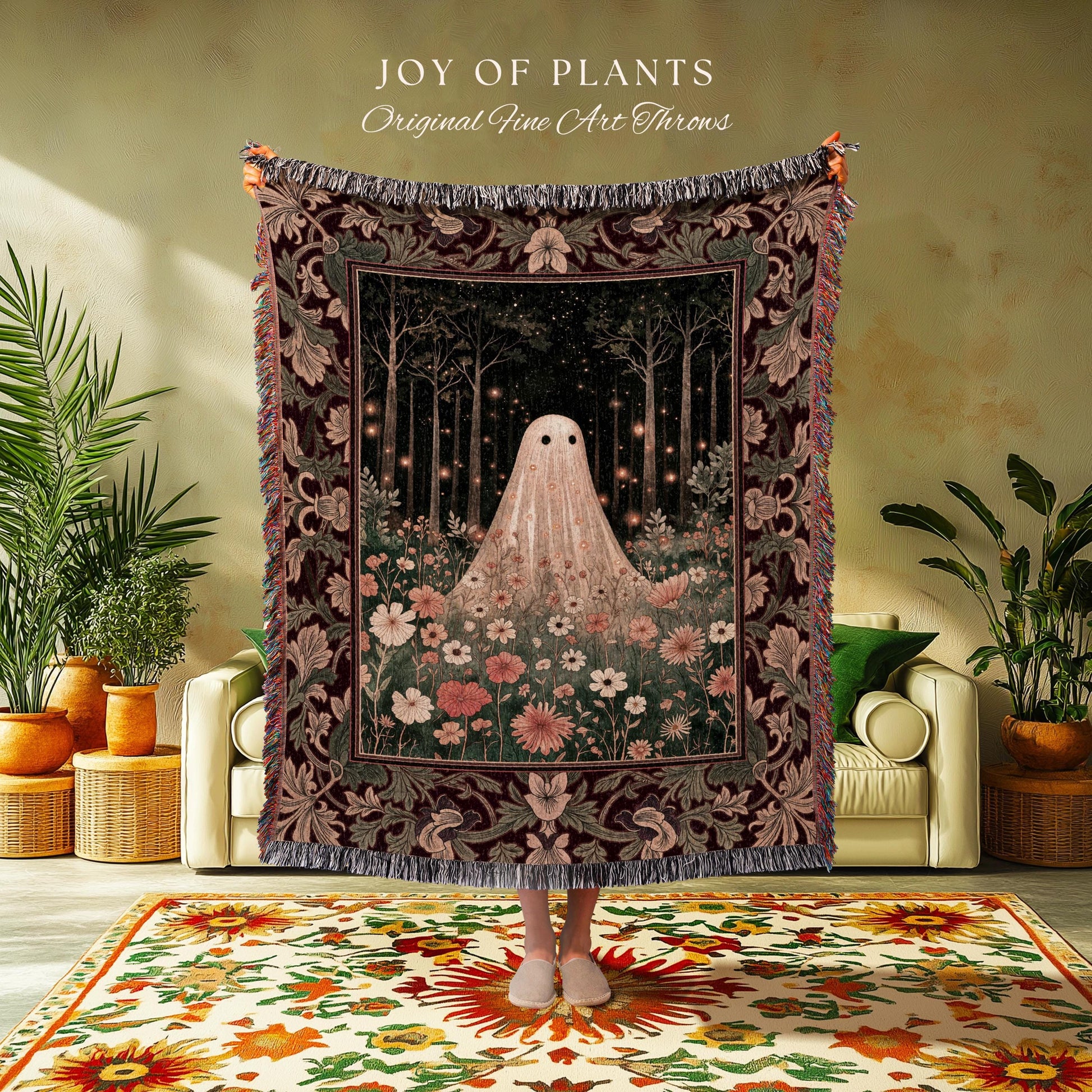 Firefly Forest Ghost Floral Tapestry | Whimsigoth Spooky Cute Cottagecore Woven Throw Blanket Decor Botanical Spirit Season Witchy Vintage