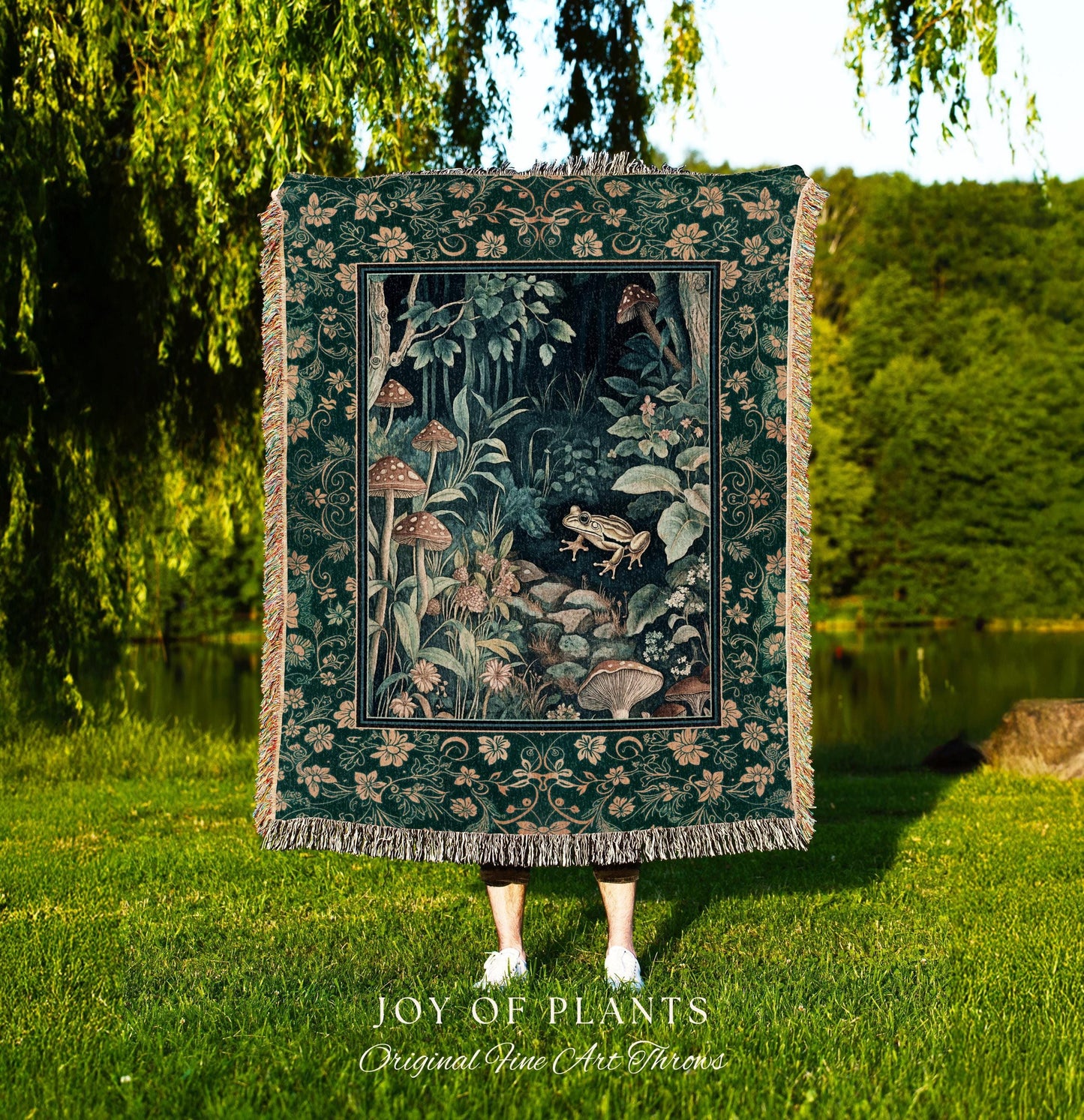 Retro Fungi Forest Throw Blanket | Botanical Wonders Mystic Cute Outdoorsy Woven Tapestry for Eclectic Bedroom Goblincore Fairycore Woodland