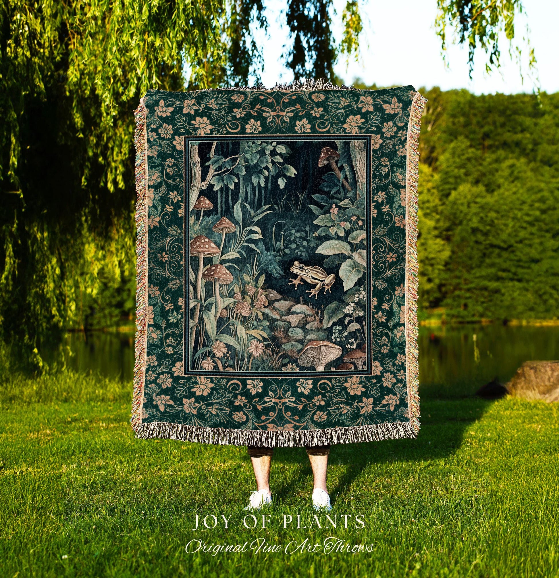 Retro Fungi Forest Throw Blanket | Botanical Wonders Mystic Cute Outdoorsy Woven Tapestry for Eclectic Bedroom Goblincore Fairycore Woodland