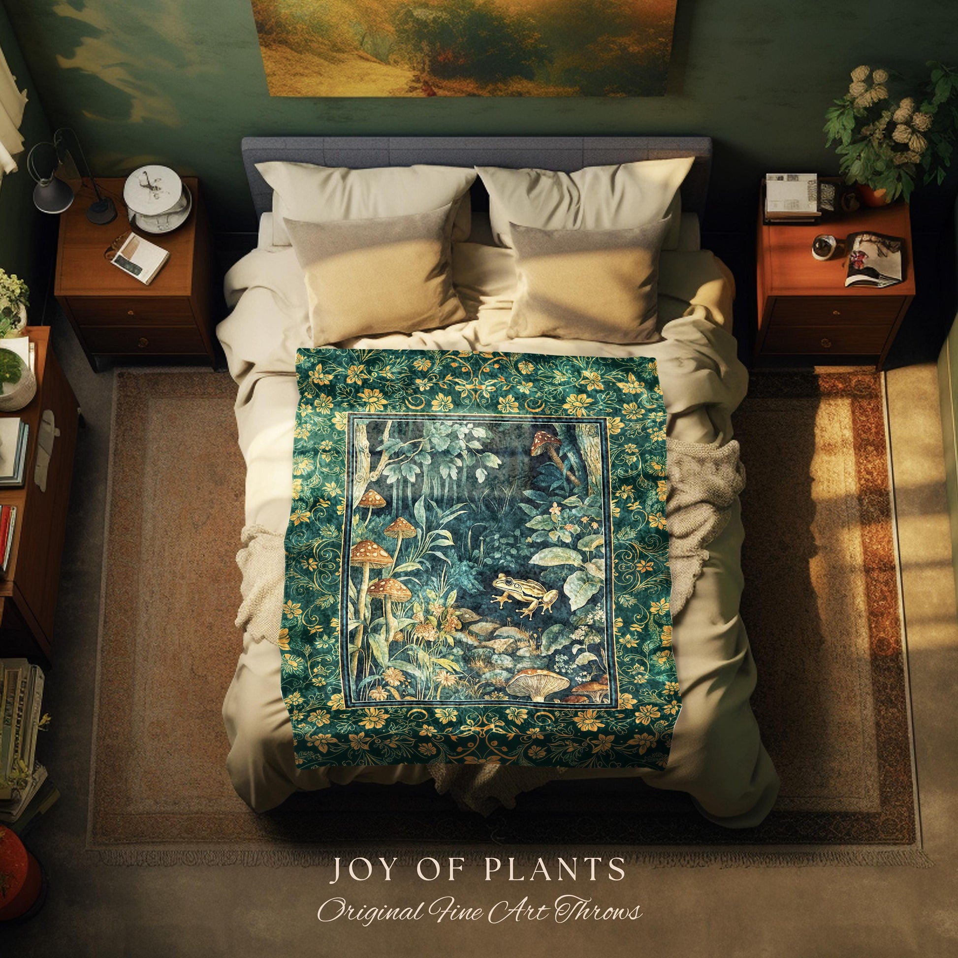 Retro Fungi Forest Throw Blanket | Botanical Wonders Mystic Cute Outdoorsy Woven Tapestry for Eclectic Bedroom Goblincore Fairycore Woodland