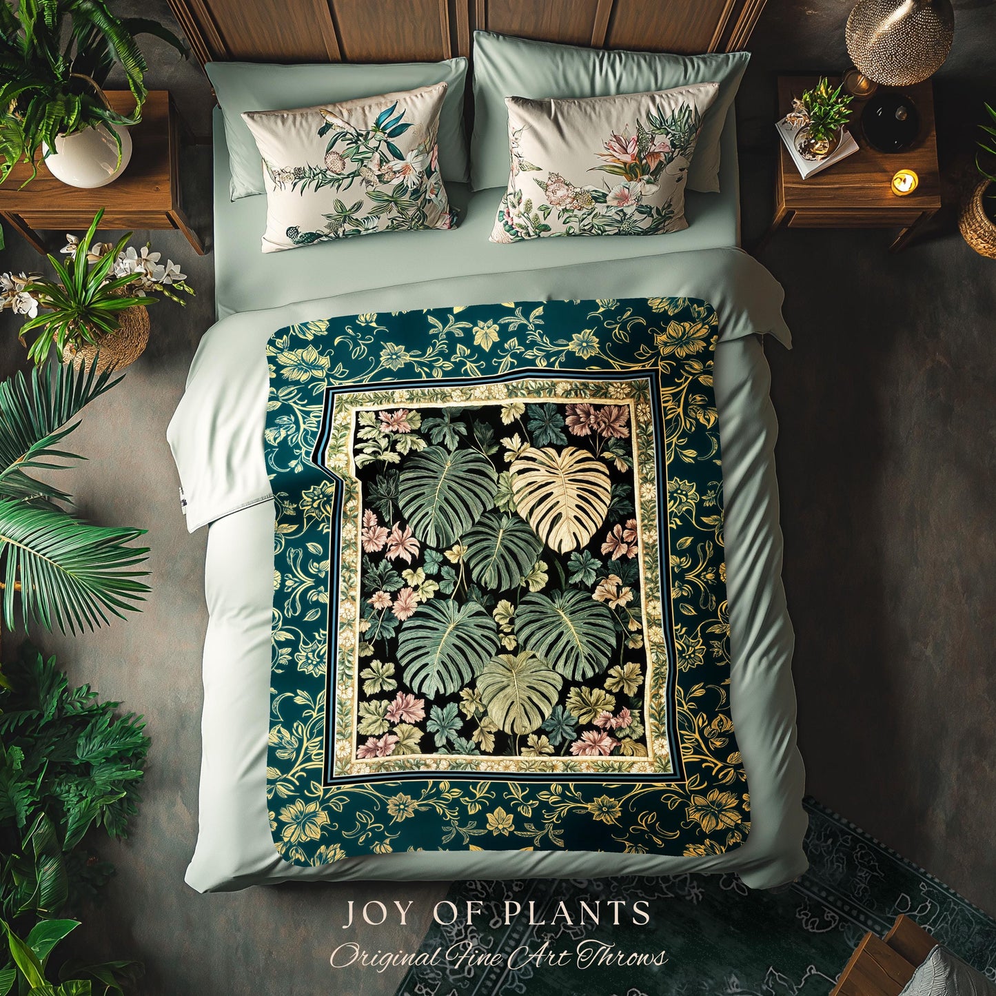 Botanical Cozy Throw Blanket Maximalist Jungle | Plant Lady Blanket Monstera Deliciosa Tapestry Woodland Magical Dark Academia Emerald Green