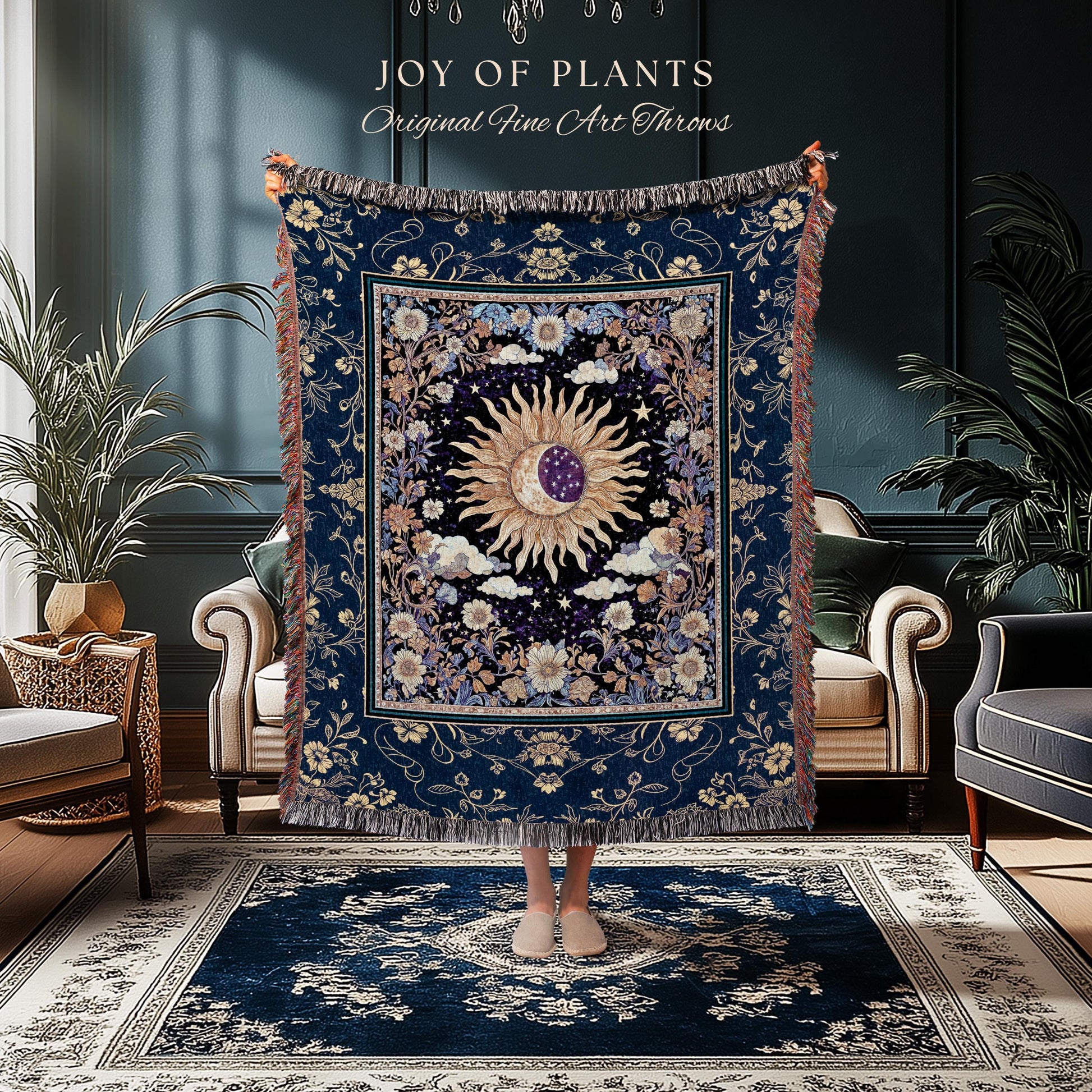 Cosmic Whimsy Fairycore Tapestry | Ethereal Sun Blanket Woven Throw Celestial Bedroom Floral Tarot Theme Sun and Moon Colorful Maximalist