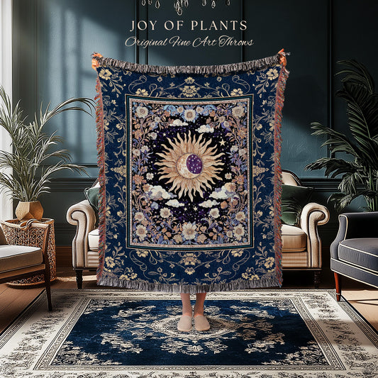 Cosmic Whimsy Fairycore Tapestry | Ethereal Sun Blanket Woven Throw Celestial Bedroom Floral Tarot Theme Sun and Moon Colorful Maximalist